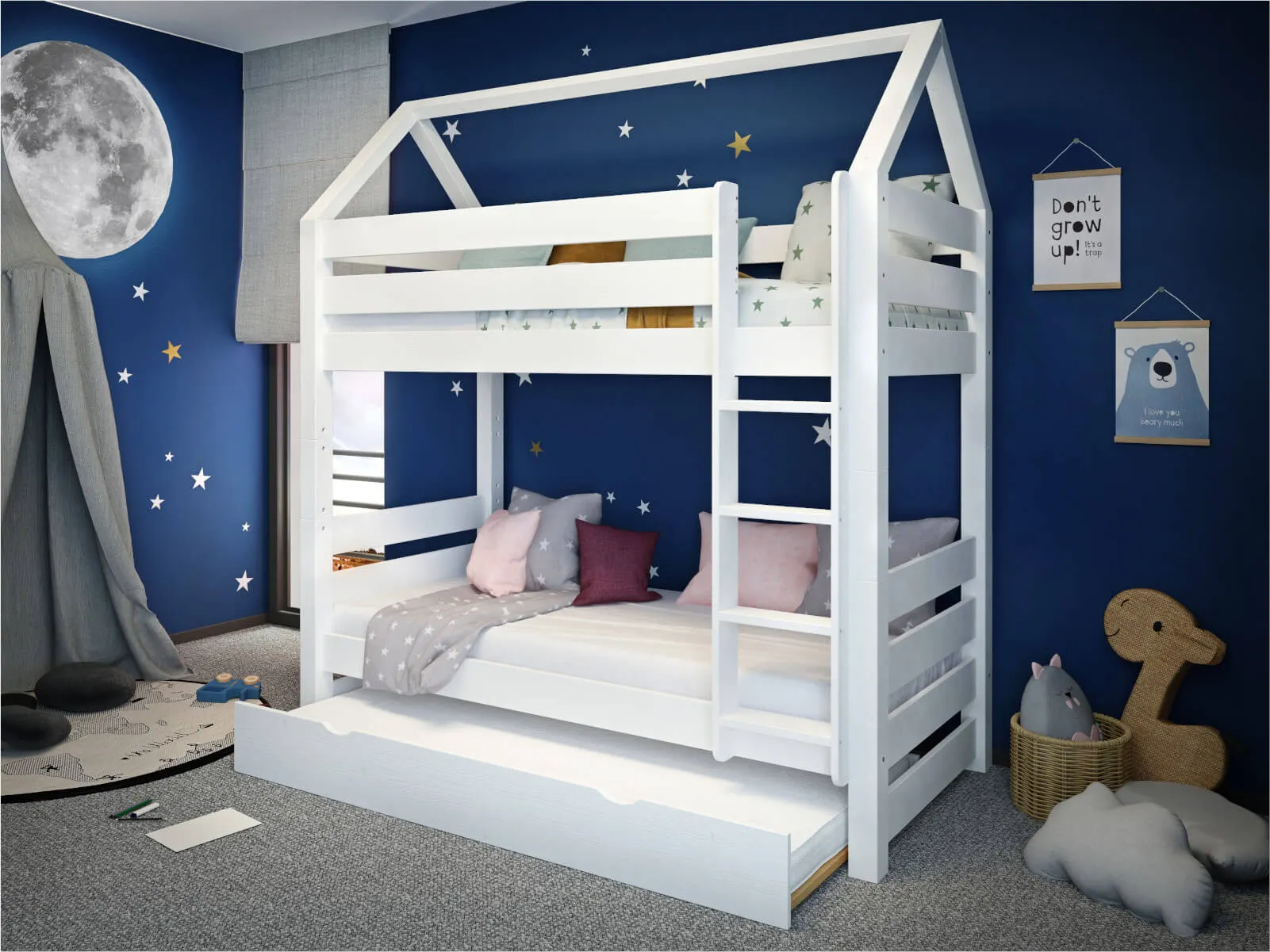 Łóżko drewniane piętrowe COSY HOME 90x200 z daszkiem białe - LPCOSYHBIA90