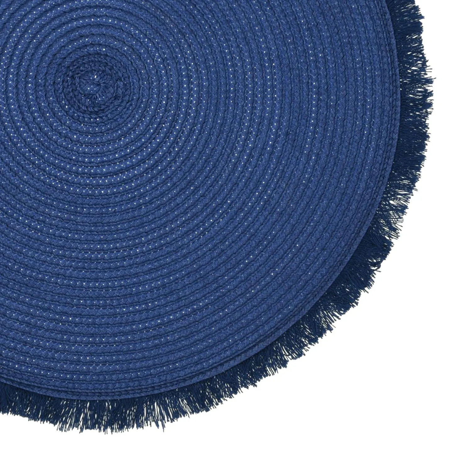 rattan rug, round rug, blue color, fringe edge, woven texture