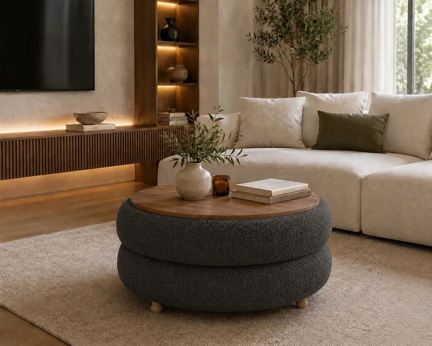 image sofa, pokój dzienny, stolik kawowy, okrągły puf, rośliny