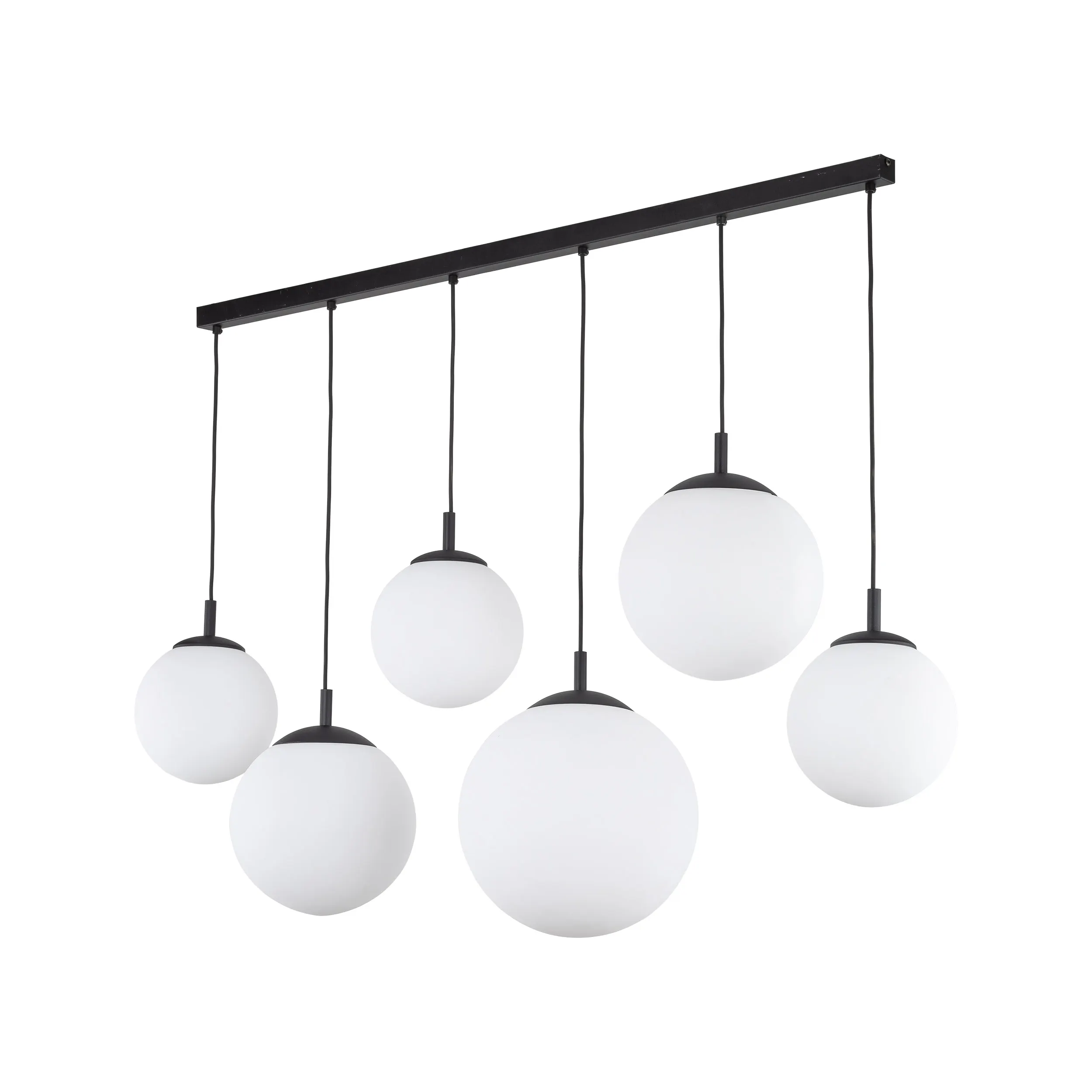 Lampa wisząca ESME czarna z białymi okrągłymi szklanymi kloszami na metalowej listwie 130x110x30cm
