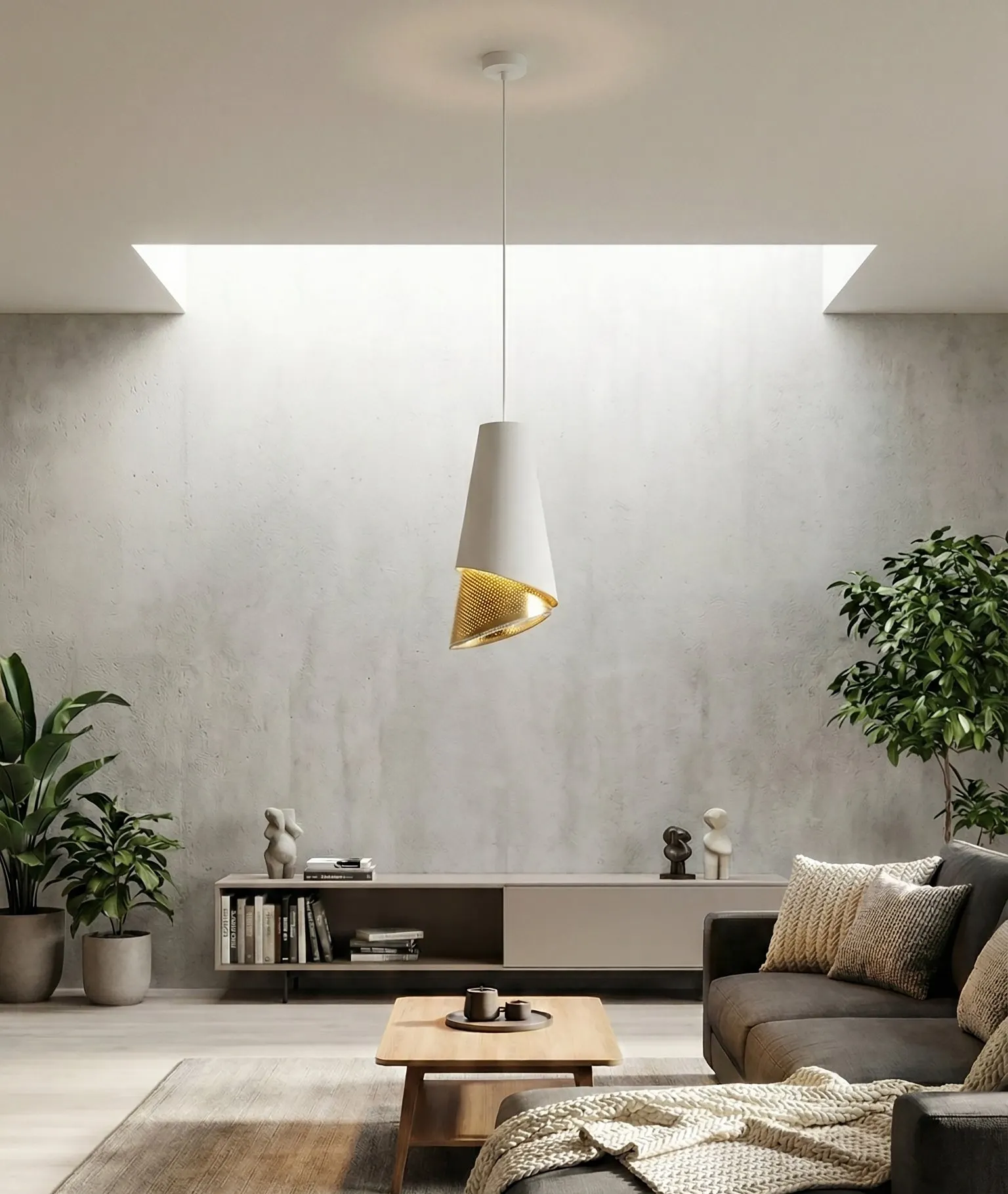 lampa wisząca, designerska lampa, wnętrze loft, sofa skandynawski, roślina doniczkowa