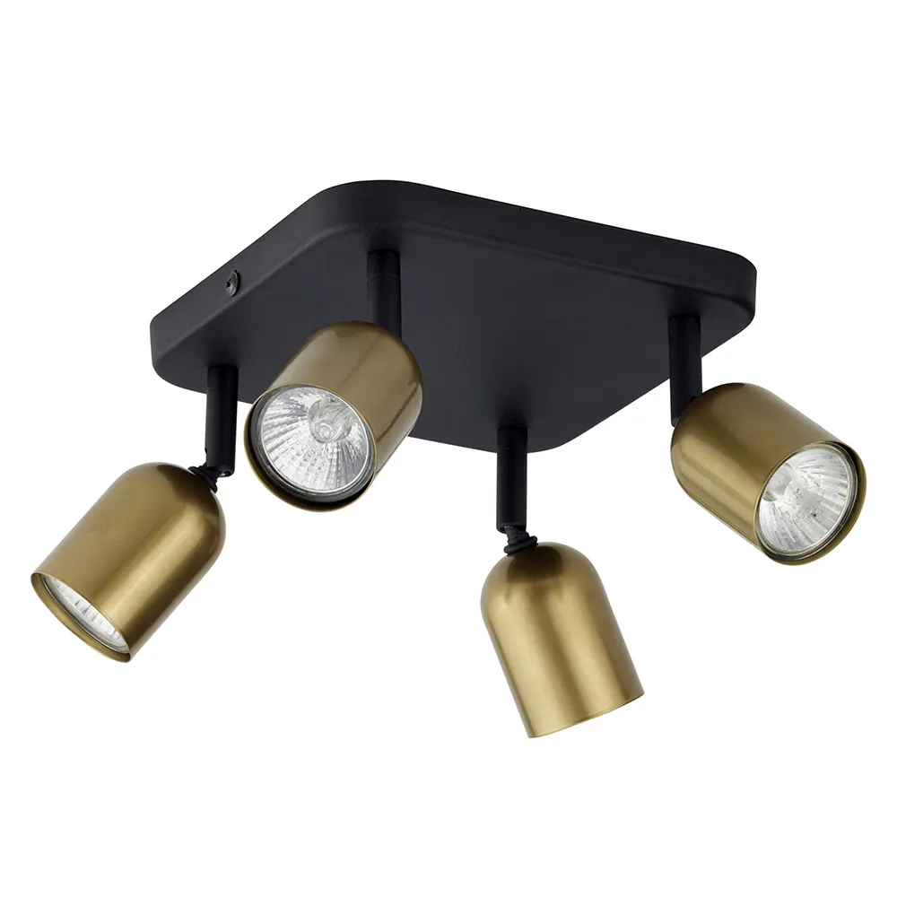 Lampa sufitowa TOP czarna ze złotymi regulowanymi reflektorami na kwadratowej podstawie 30x14cm