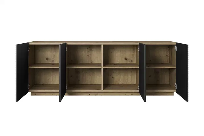 Komoda ASHA 200 4D - czarny mat - dąb artisan - ryflowany front - cokół - B_149607