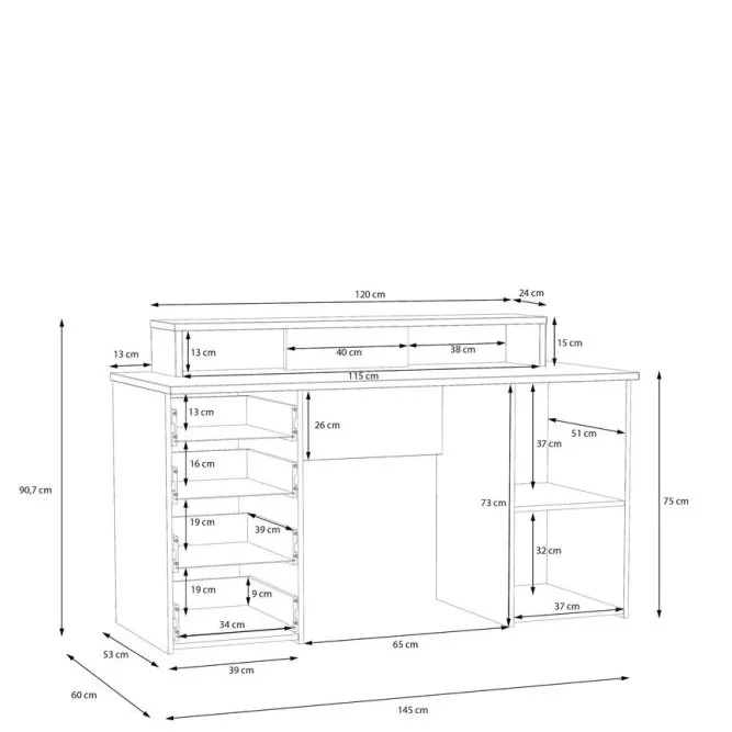 Biurko NET106 z szafką, 4 szufladami i nadstawką na komputer- biały, jasoszary - MT980-M823