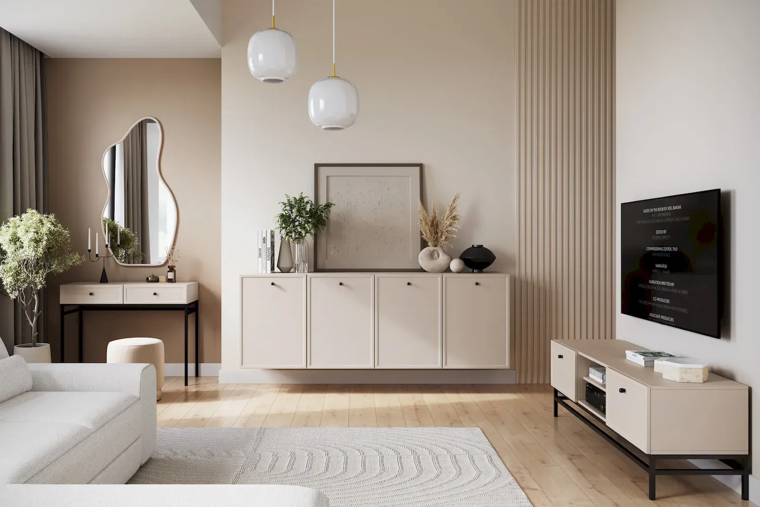 Szafka RTV z 2 szufladami LORINI 150 - cashmere gałka czarna stelaż czarny - B_166816