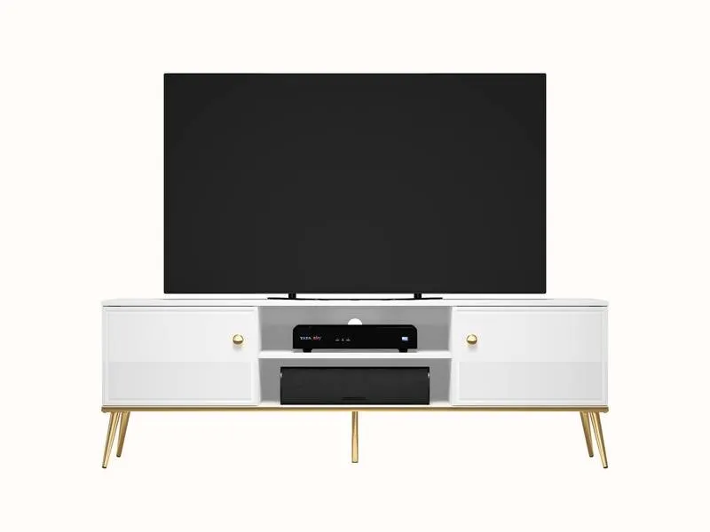 Szafka RTV 2-drzwiowa GOLDIN 06 biały połysk na złotych nogach - 1GOLD06-001
