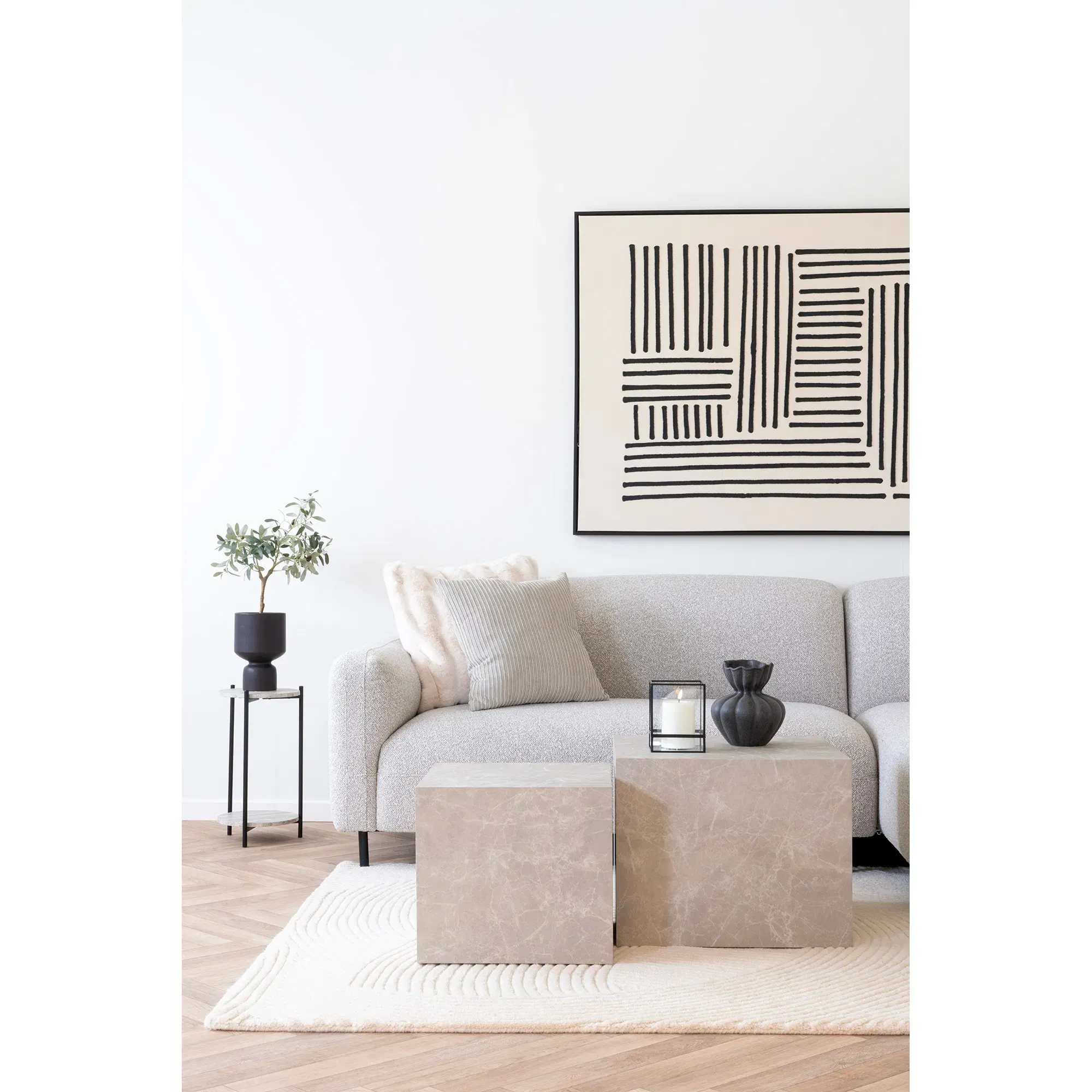 Stolik pomocniczy LEUVEN 27x27 cm - efekt kamienia, nogi czarny - 2102072