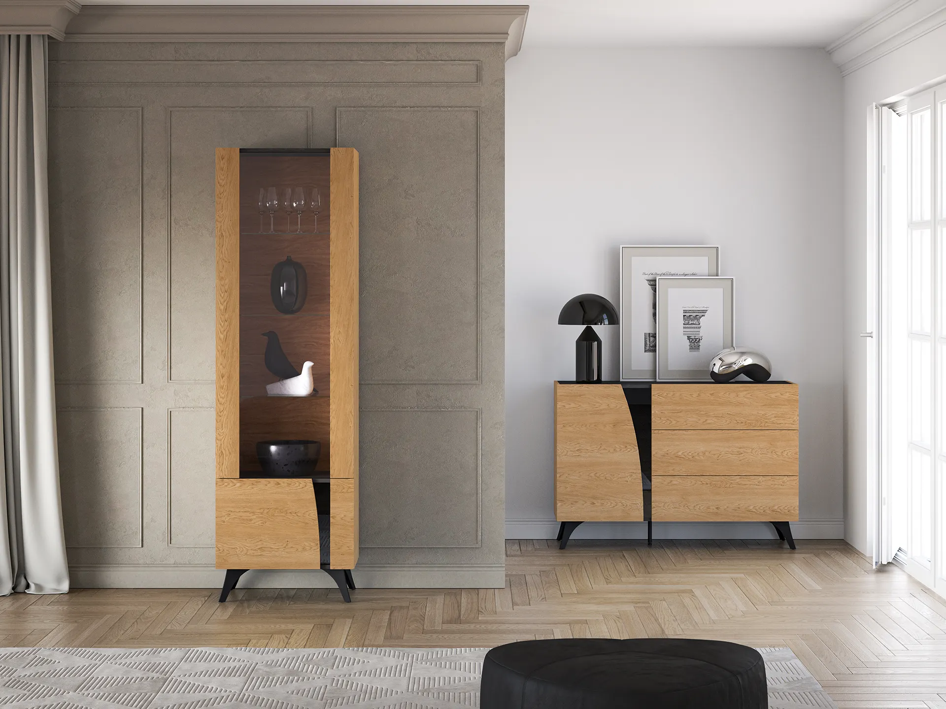 Witryna 1-drzwiowa TOSCANIA 02 lewa dąb baltic dune jesion prestige czarny - 1TOSC02L-001