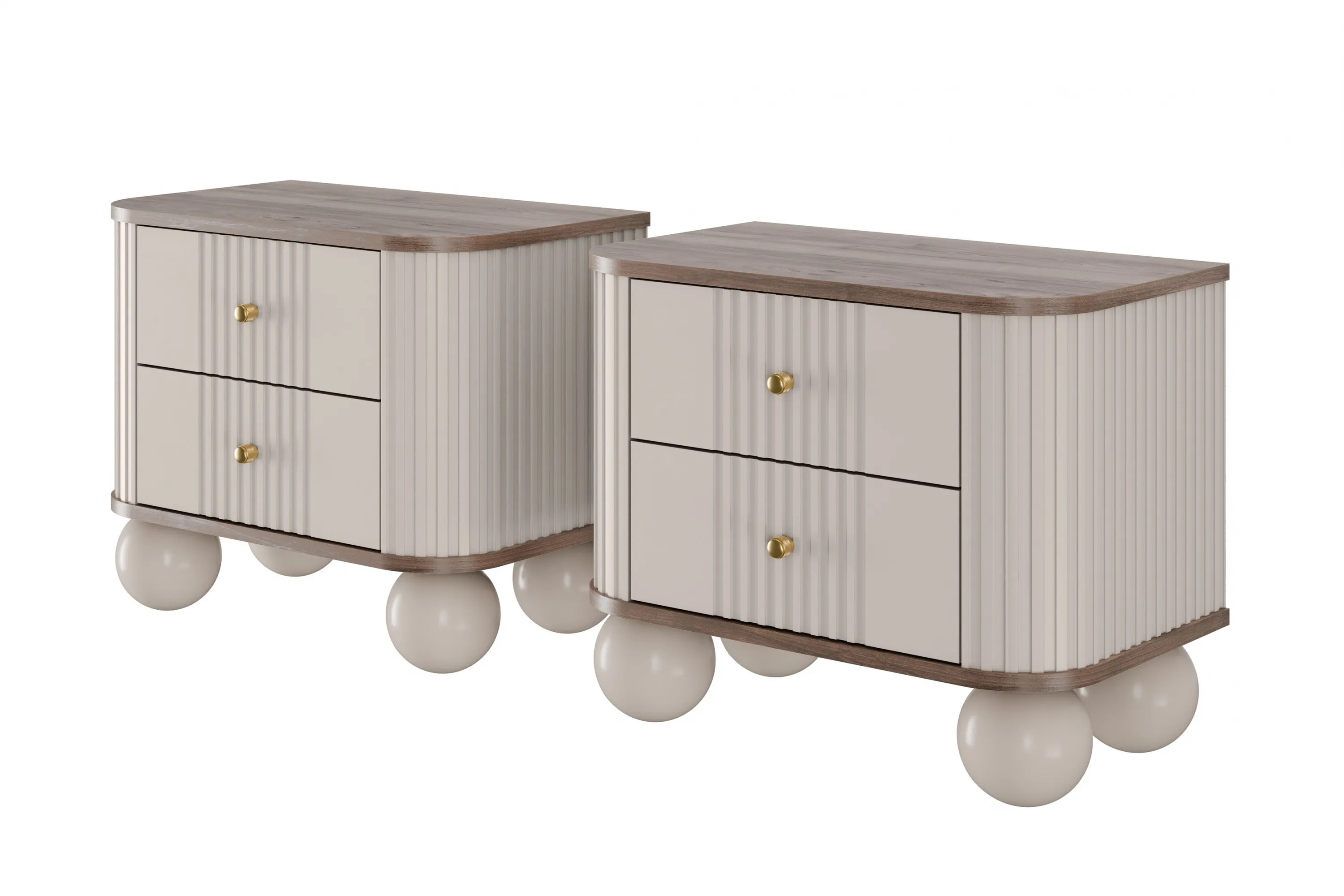 Szafka nocna z 2 szufladami VESPER 56 zestaw 2 sztuk ryflowany front cashmere orzech złote uchwyty nogi kule Szuflada, Meble, Gabinet, Kredens