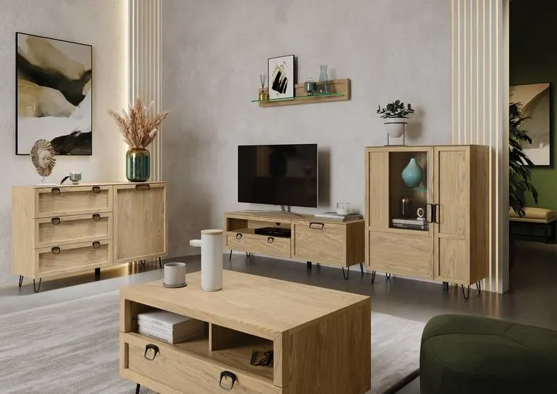 Witryna LIMBO 15 z drewna dębowego 2-drzwiowa z oświetleniem dąb artisan 124x95x42cm - TH-100-1588