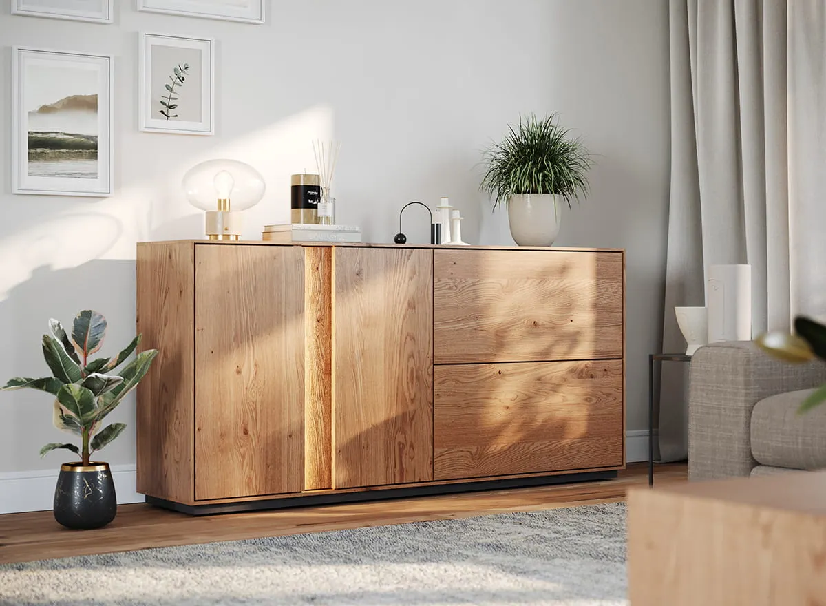 Komoda dębowa COLLODI szeroka 4-drzwiowa z oświetleniem 185 cm - dąb olejowany - ZICOL05