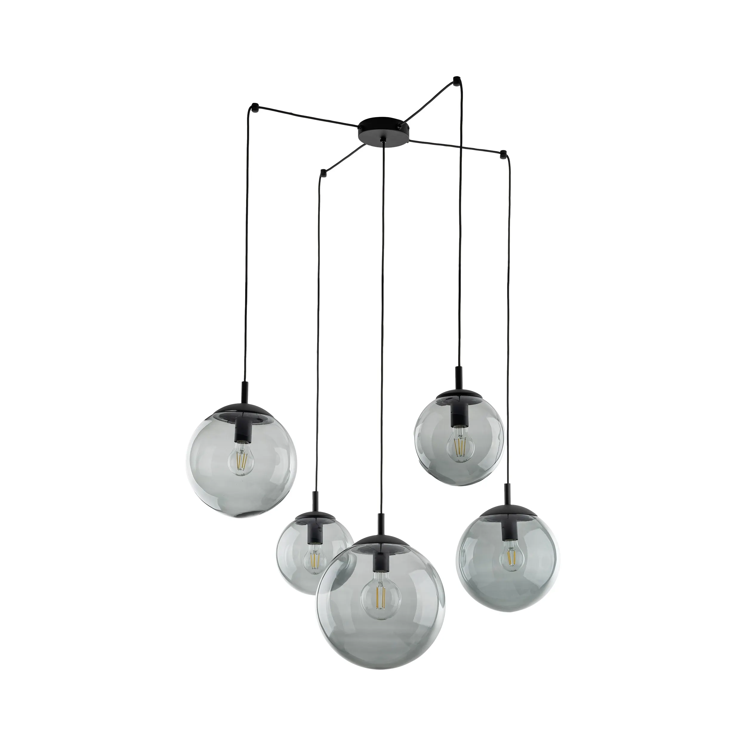 Lampa wisząca ESME czarna z szarymi przyciemnianymi okrągłymi szklanymi kloszami dodatkowo podwieszana jak pająk 180cm