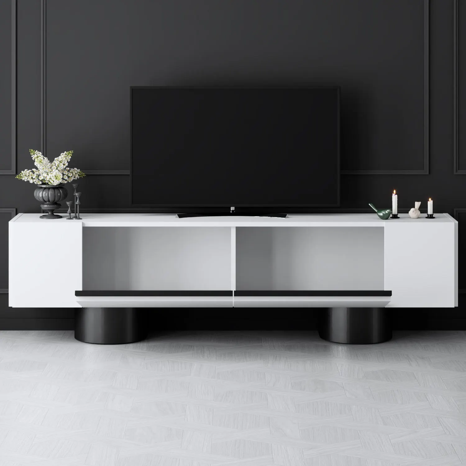 Szafka RTV z 2 klapami na blaszanych nogach BOHEM 180x50x30 cm biały czarny — zdjęcie 5