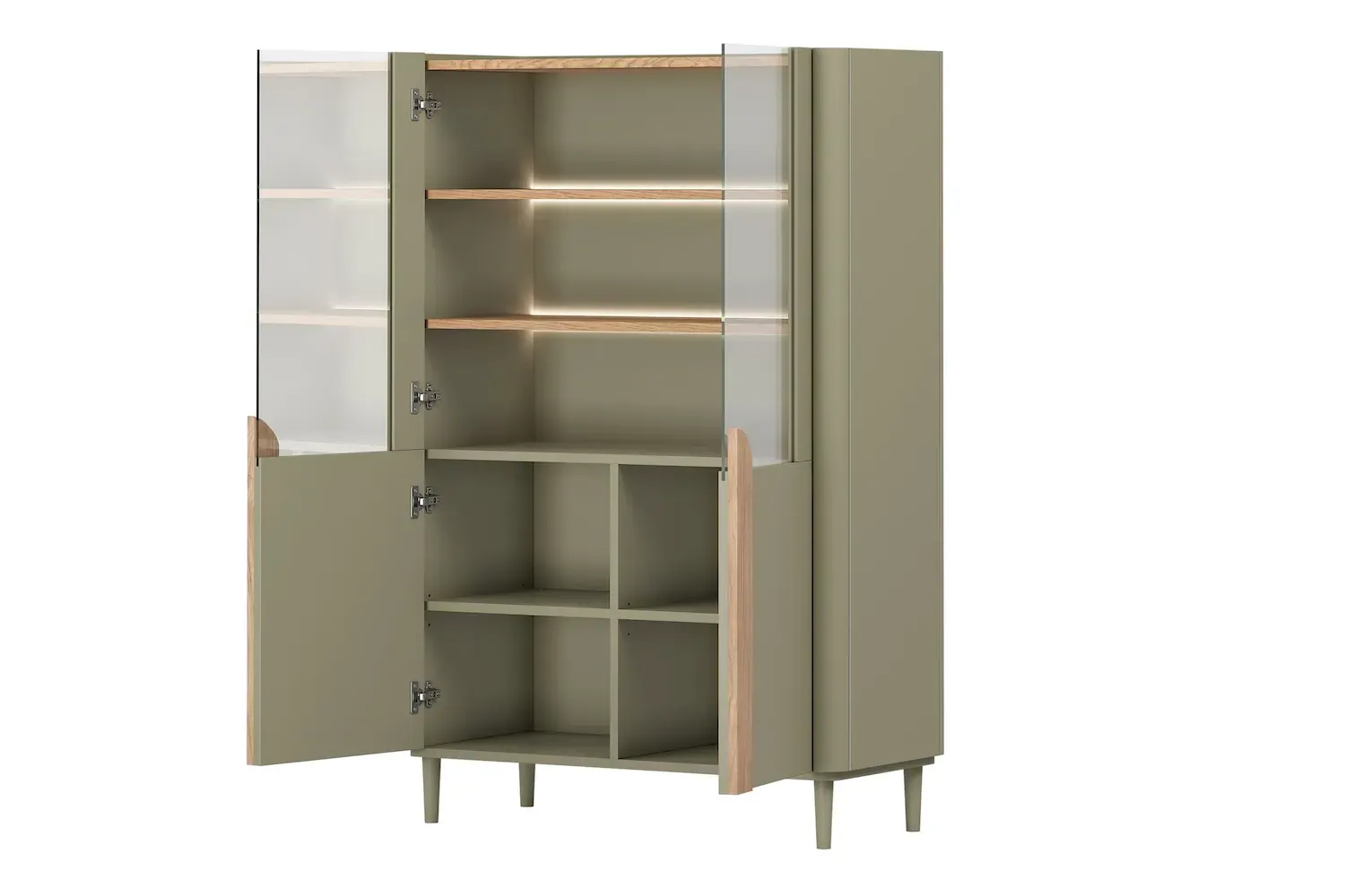 Witryna 2-drzwiowa AMILIO 100 oświetlenie LED - eukaliptus dąb baltic dune uchwyty dąb naturalny nogi eukaliptus - B_169226