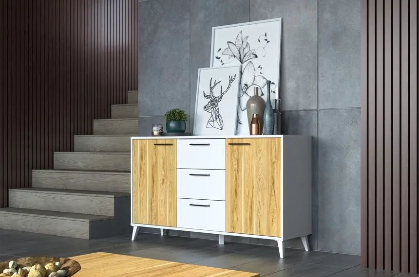 Komoda BARRIS 45 2-drzwiowa z szufladami biała orzech 140x83x42cm - TH-100-1567