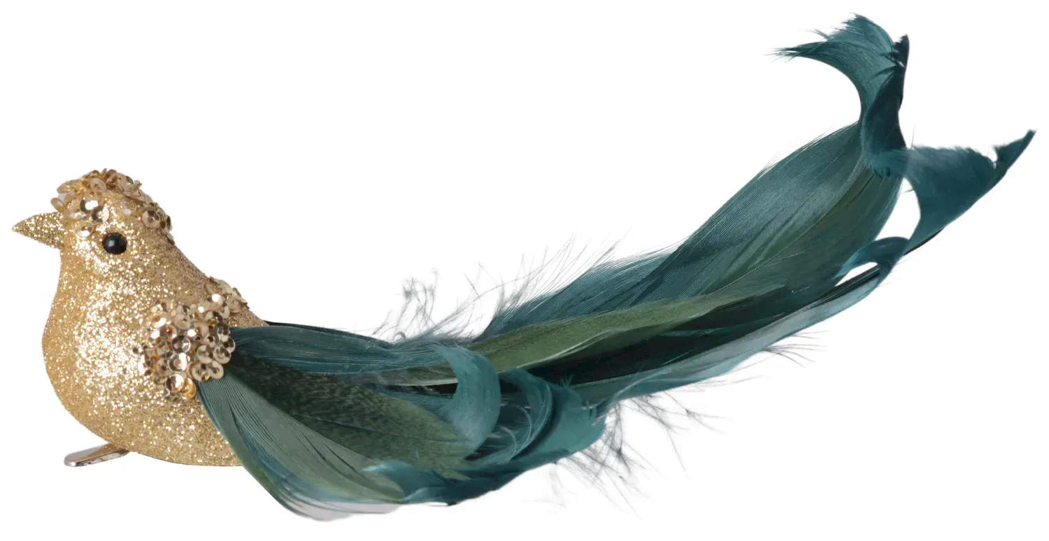 PTASZEK Z KLIPEM złoty z zielonym ogonem