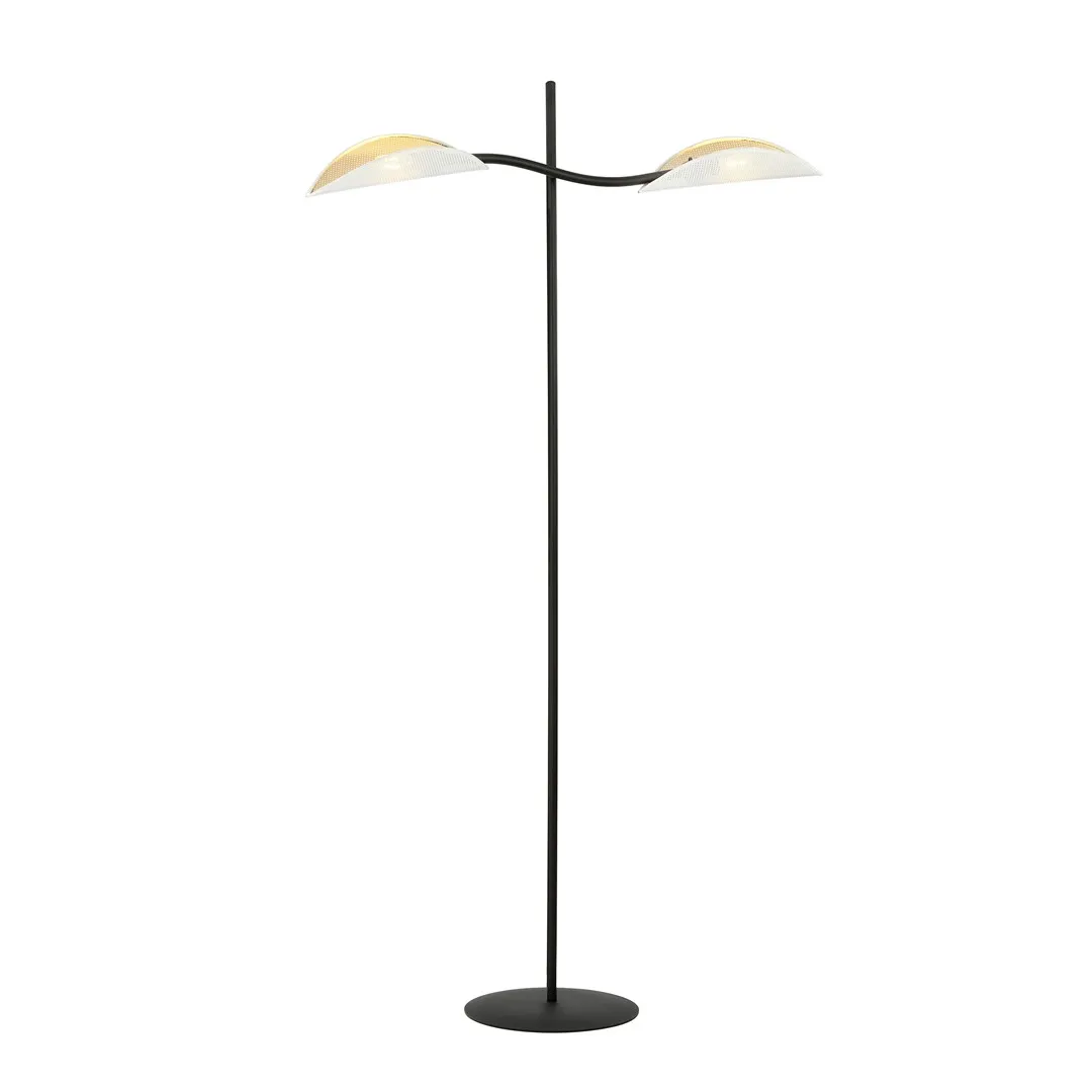 lampa stojąca, podwójne balustrady, stalowa podstawa, czarna kolumna, połyskujące abażury