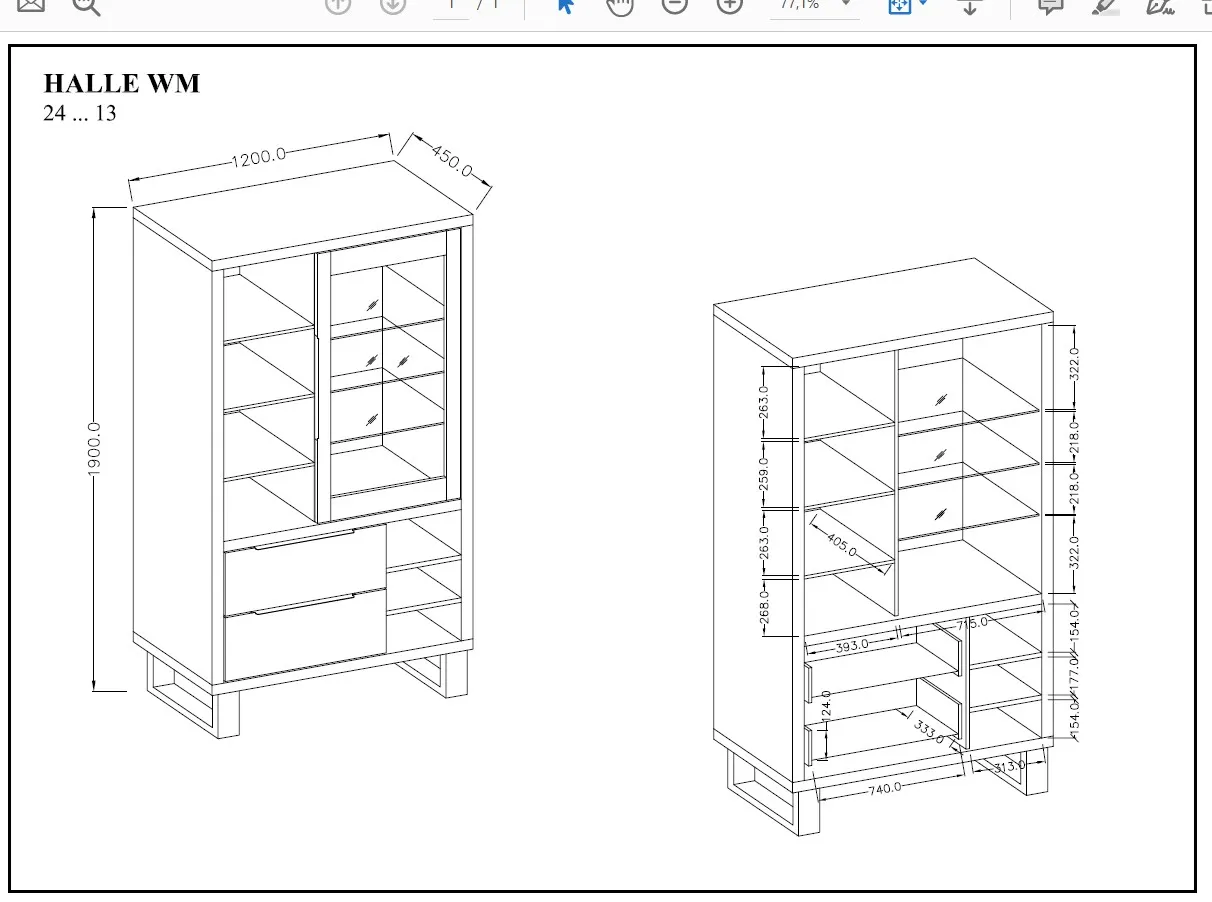 Witryna 1-drzwiowa z szufladami szklana HALLE 120x190 dąb Wotan - 24N0HK13