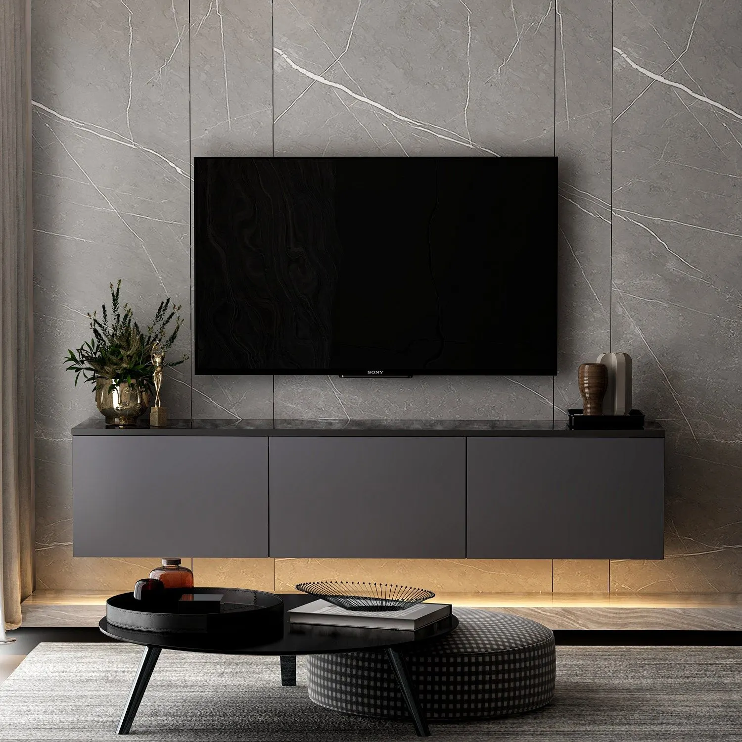 Szafka RTV wisząca 3-drzwiowa NEON ILLUMINATED 160 cm antracytowa