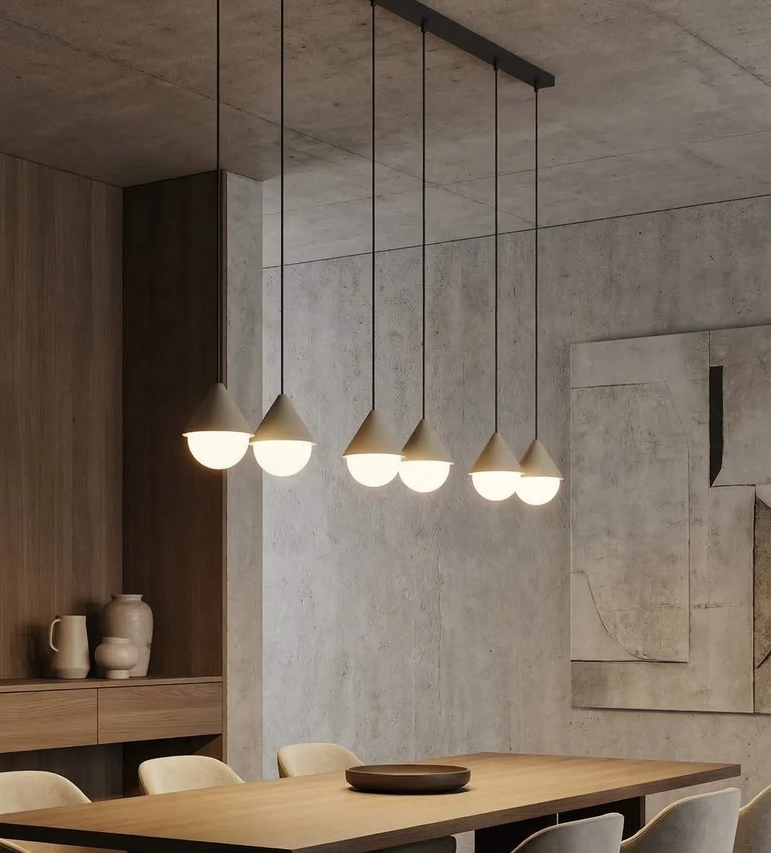 image lampa wisząca, konsola/stołowa, betonowy beton, drewniany stół, naczynia dekoracyjne