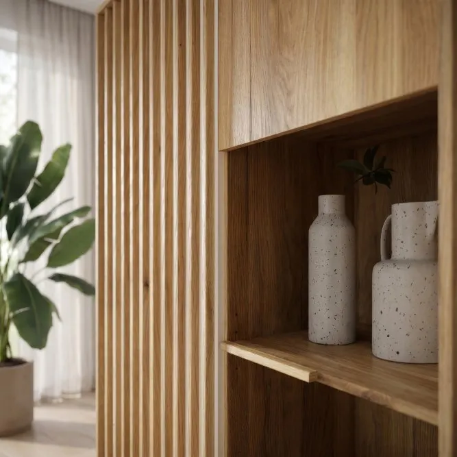 image drewniana półka, ceramiczne naczynia, wazon, doniczka, zielone rośliny