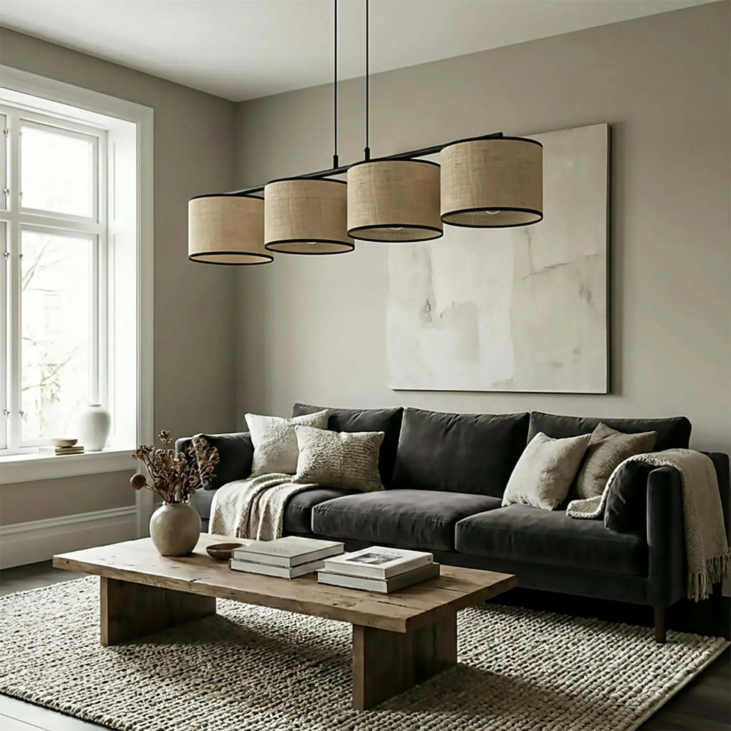 image otwarte okno, salon, sofa, czarne sofa, podnóżek drewniany