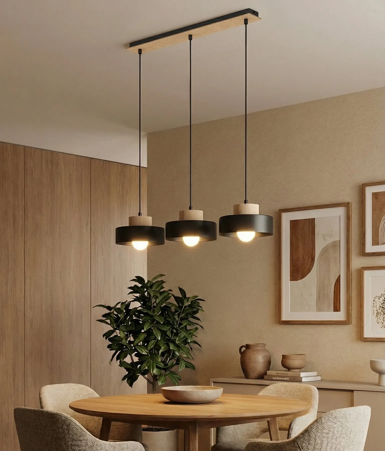 image lampa wisząca, kinkiet, stół okrągły, wnętrze skandynawskie, meble drewniane