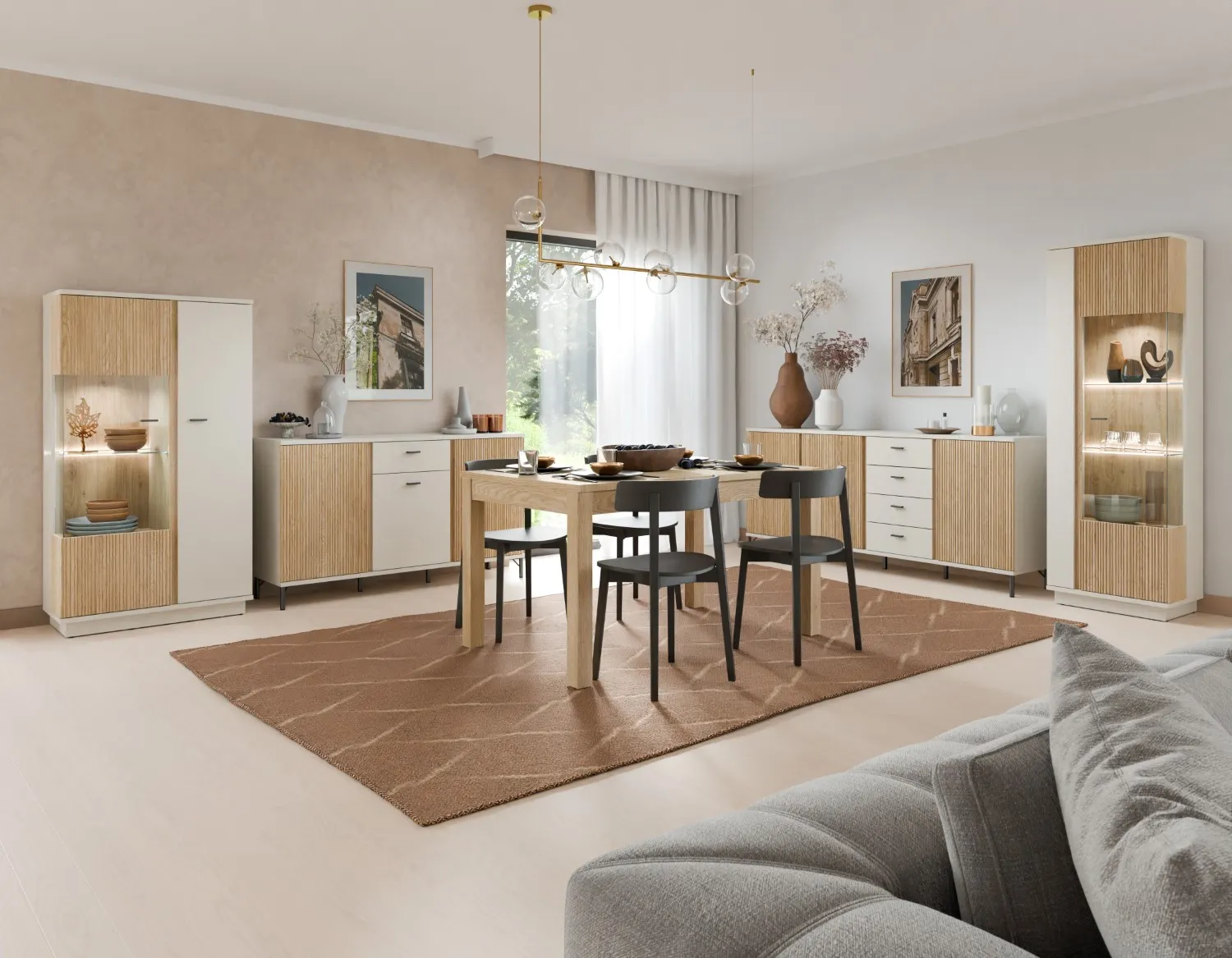 Komoda RTV 2-drzwiowa z szufladami MOSANO 150 cm kaszmir/dąb cremona - 6000000021307