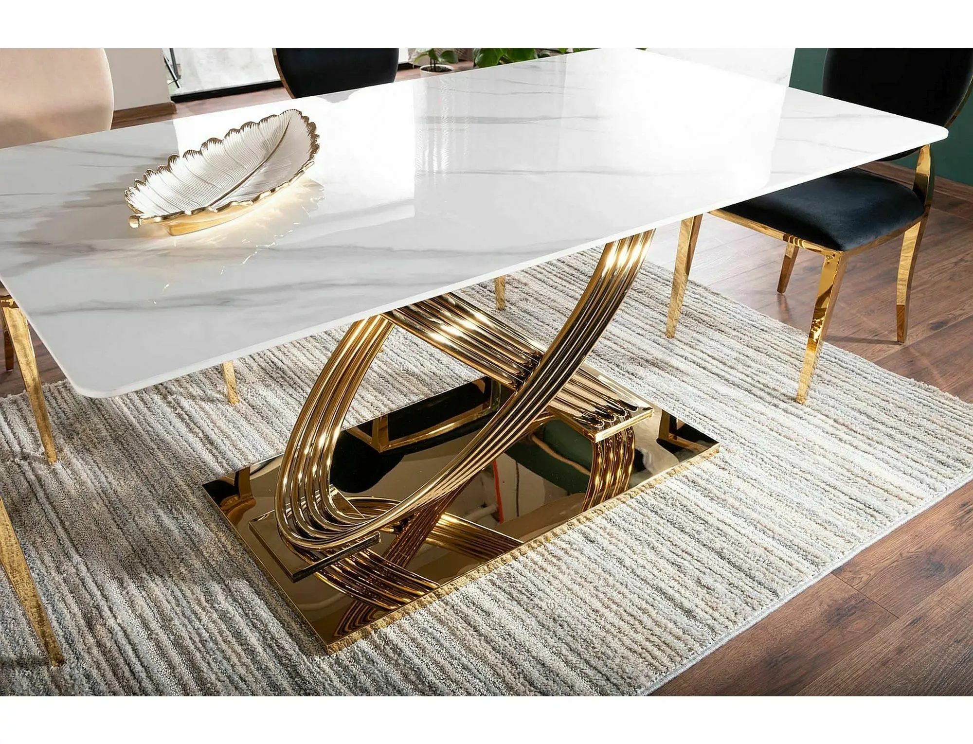 Stół nierozkładany HERMES 90x160 efekt marmuru biały połysk stelaż złoty - HERMESBZL160