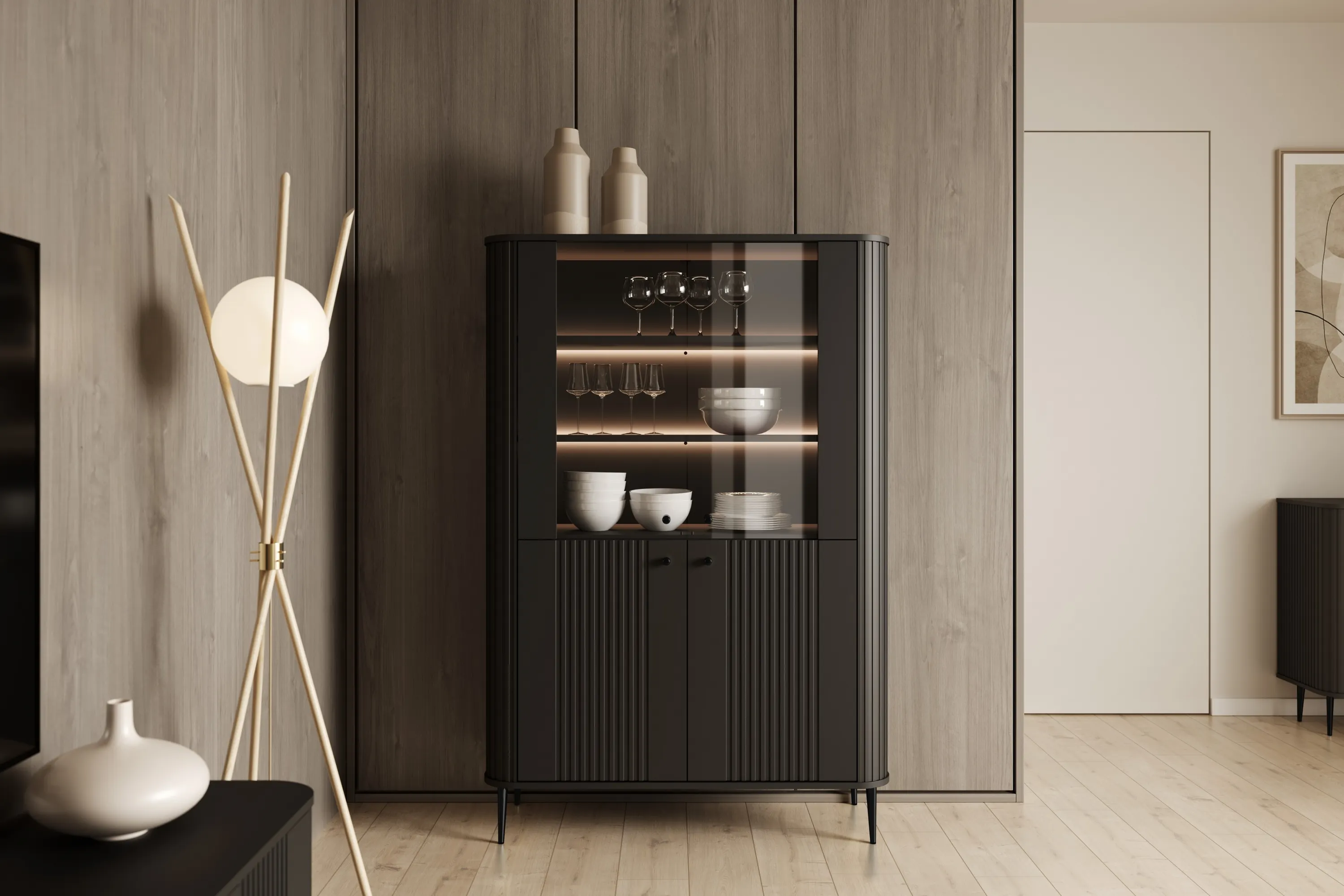 Witryna 4-drzwiowa z oświetleniem VESPER 103 ryflowany front czarna czarne nogi - B_167228