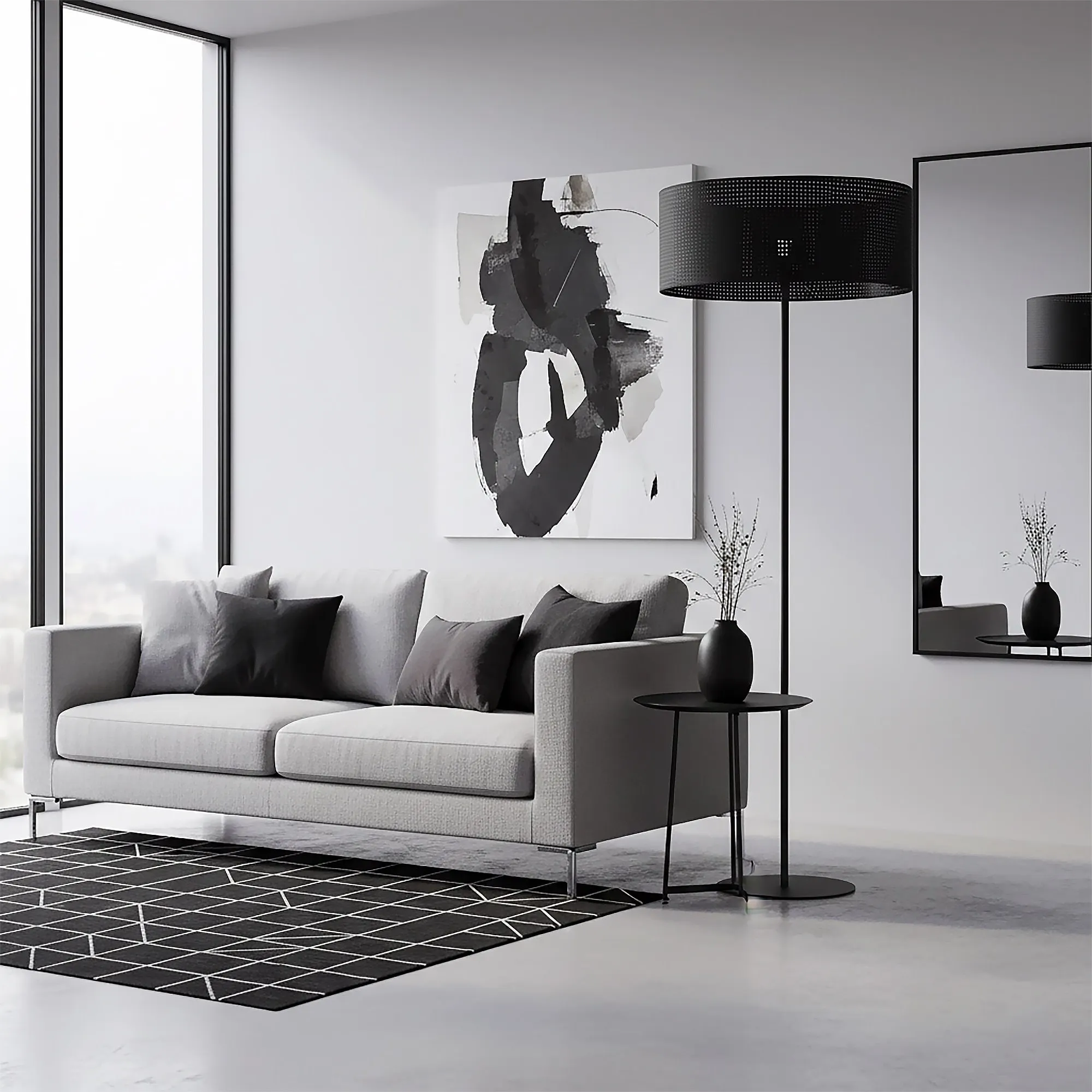 sofa, nowoczesny salon, dywan geometryczny, lampa stojąca, obraz abstrakcyjny