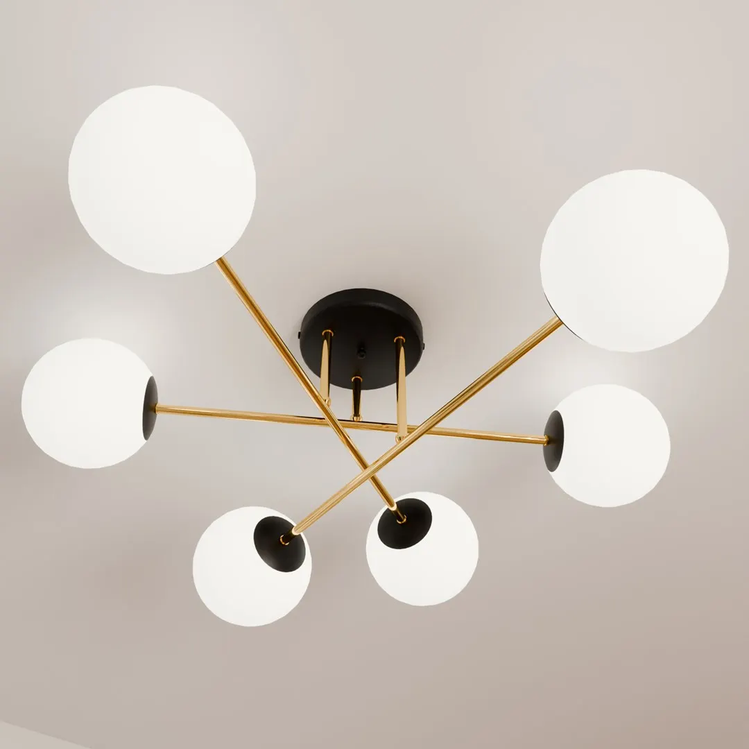 lampa sufitowa, konstrukcja metalowa, globusowa lampa, lampa z kulkami, kolor złoty