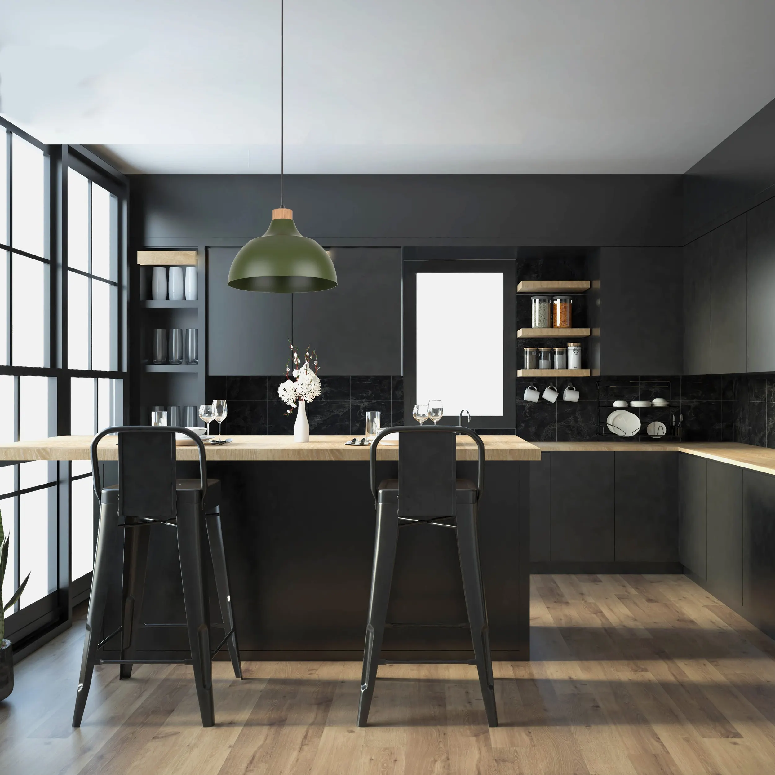 Lampa wisząca CAP zielona z drewnianym elementem na czarnym przewodzie i podstawie 170x34cm - TK_5665