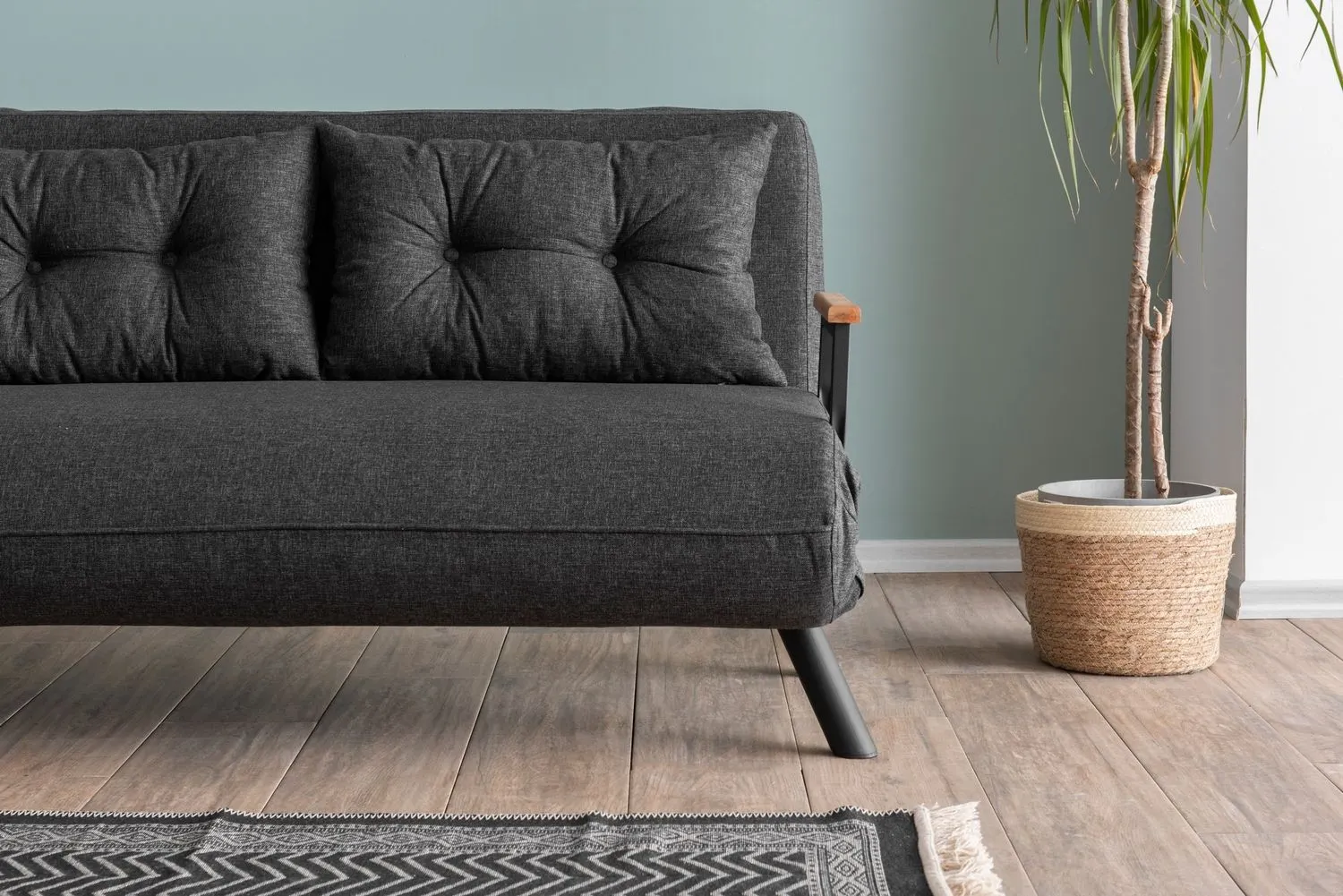 Sofa rozkładana 2-osobowa z lnianą tapicerką SANDO ciemnoszara — zdjęcie 13