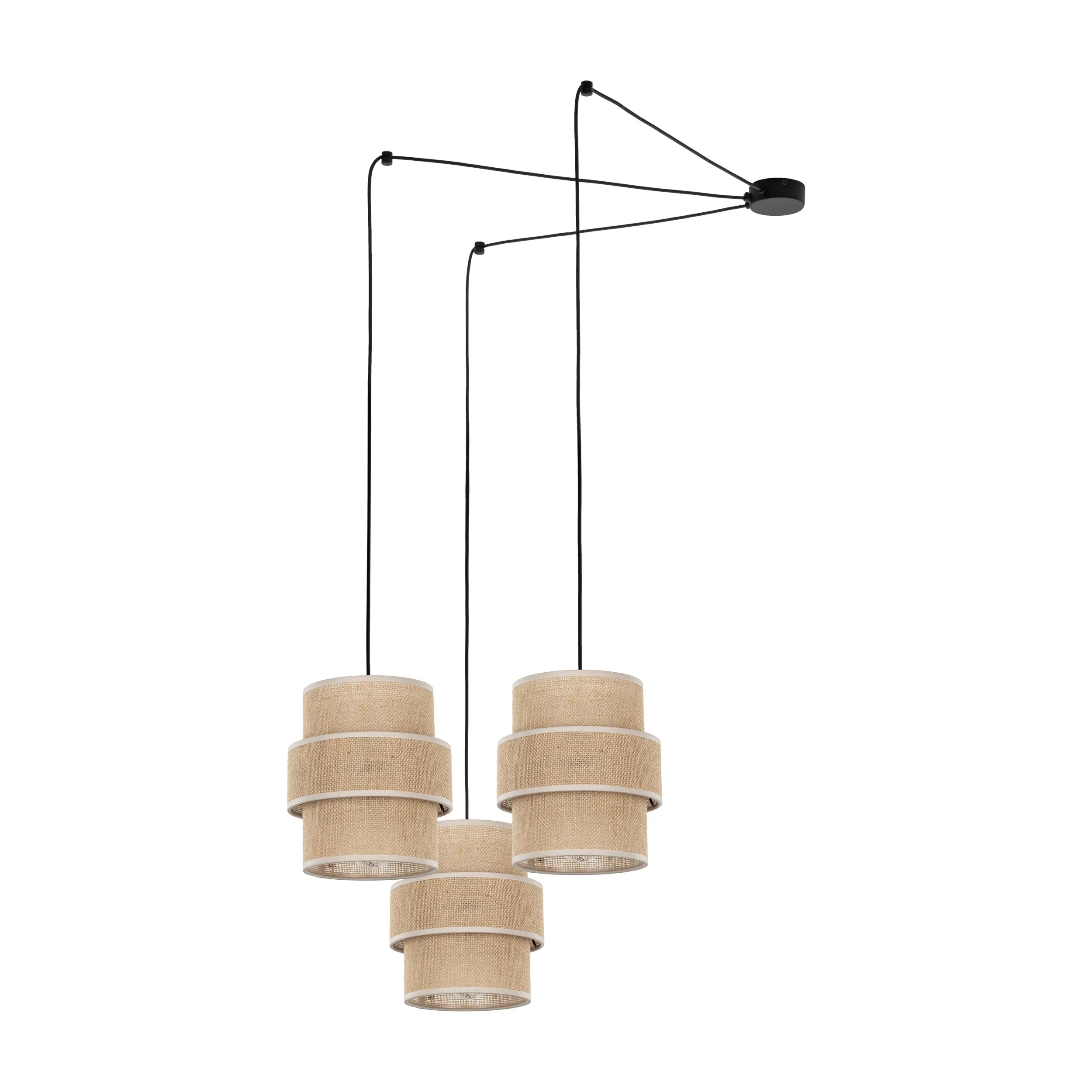 Lampa wisząca CALISTO czarna z brązowymi kloszami z tkaniny juta dodatkowo podczepiana 150cm