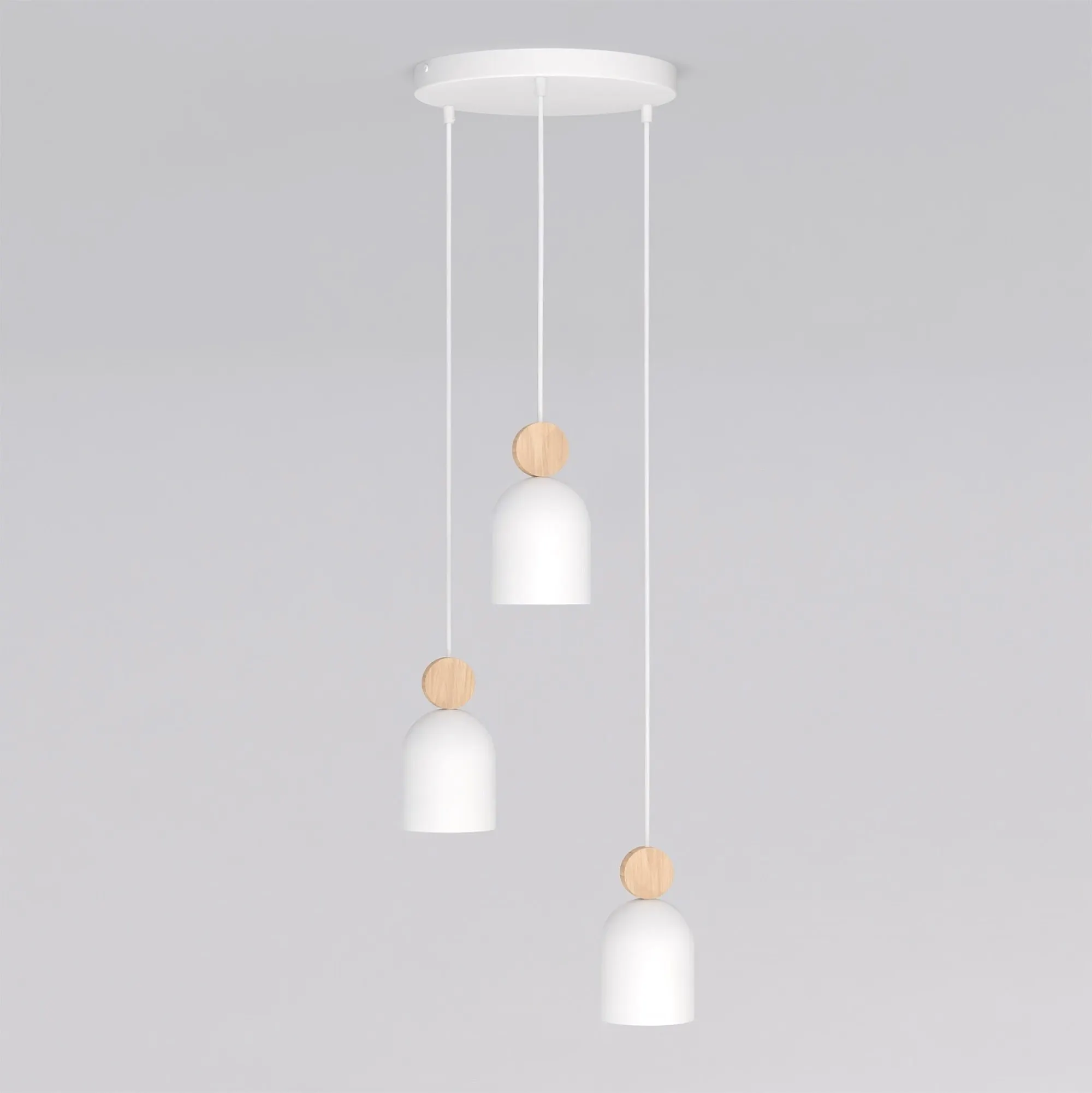lampa wisząca, pendant light, biel, drewniane elementy, minimalistyczne