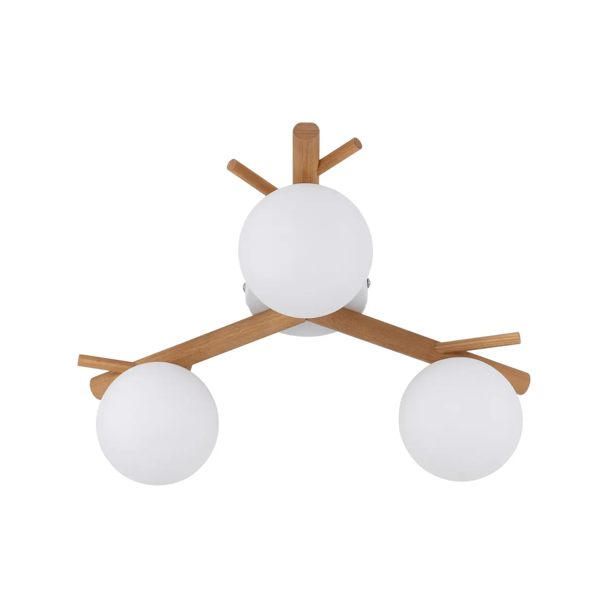 Lampa sufitowa SHERON biała z drewnianymi jasnymi ramionami okrągłe szklane klosze 46x17cm - TK_5308