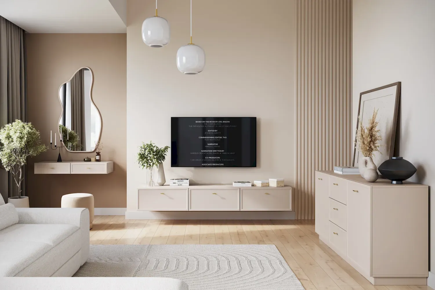 Szafka RTV wisząca z klapą i 2 szufladami LORINI 200 - cashmere uchwyt T-bar złoty - B_166793