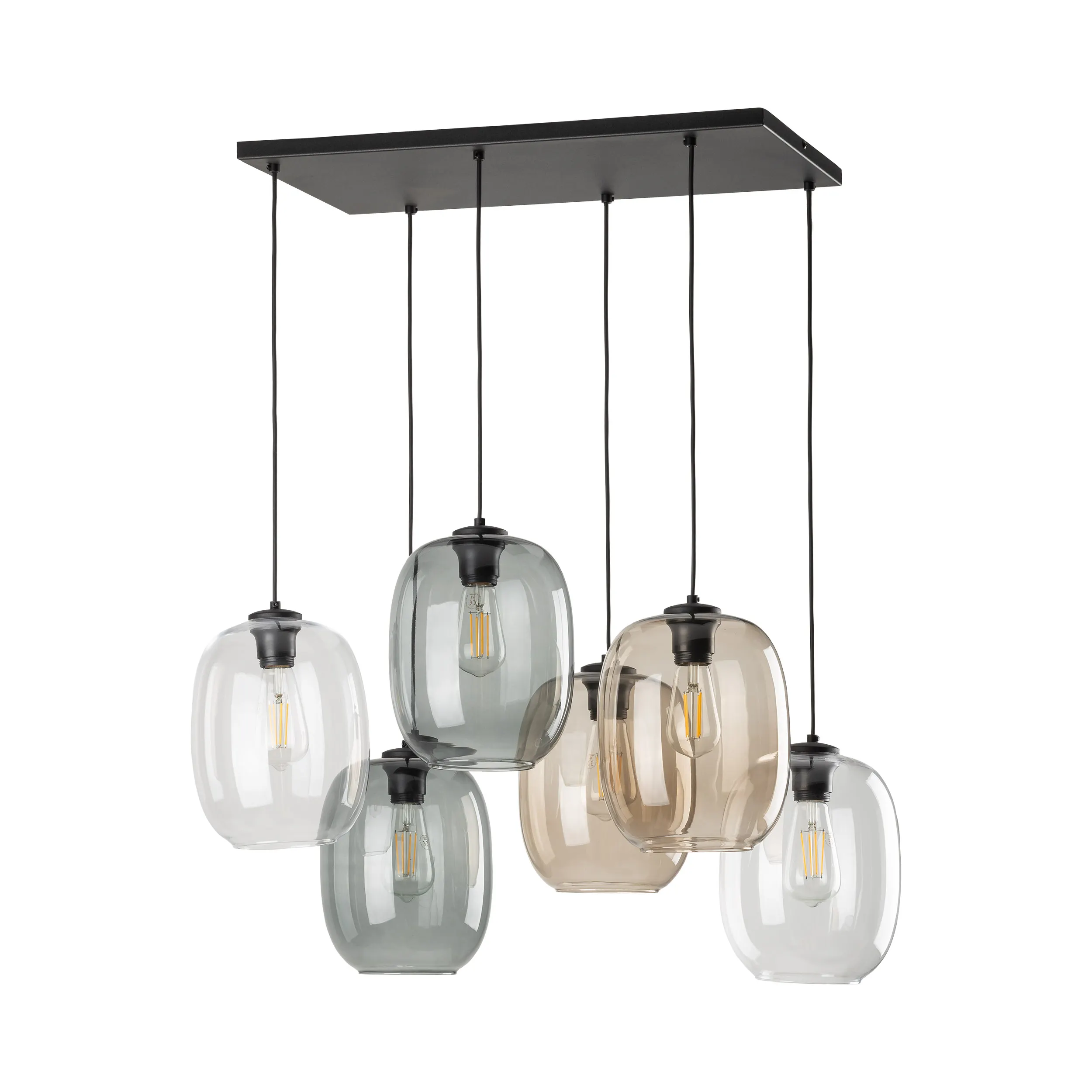 Lampa wisząca ELIO na czarnej podstawie i przewodach 6 różnokolorowych szklanych kloszy przeźroczyste ciemne i brązowe 130x70x40cm