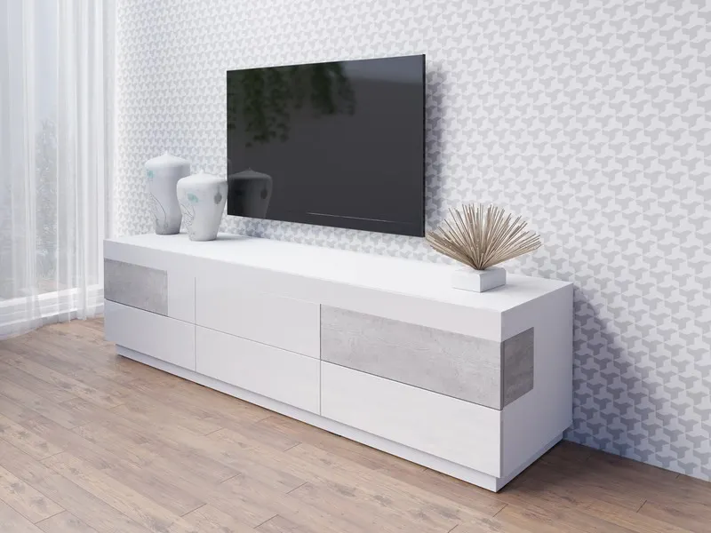 Komoda SILKE 25 czterodrzwiowa z szufladami biała beton 219x85x40cm — zdjęcie 3