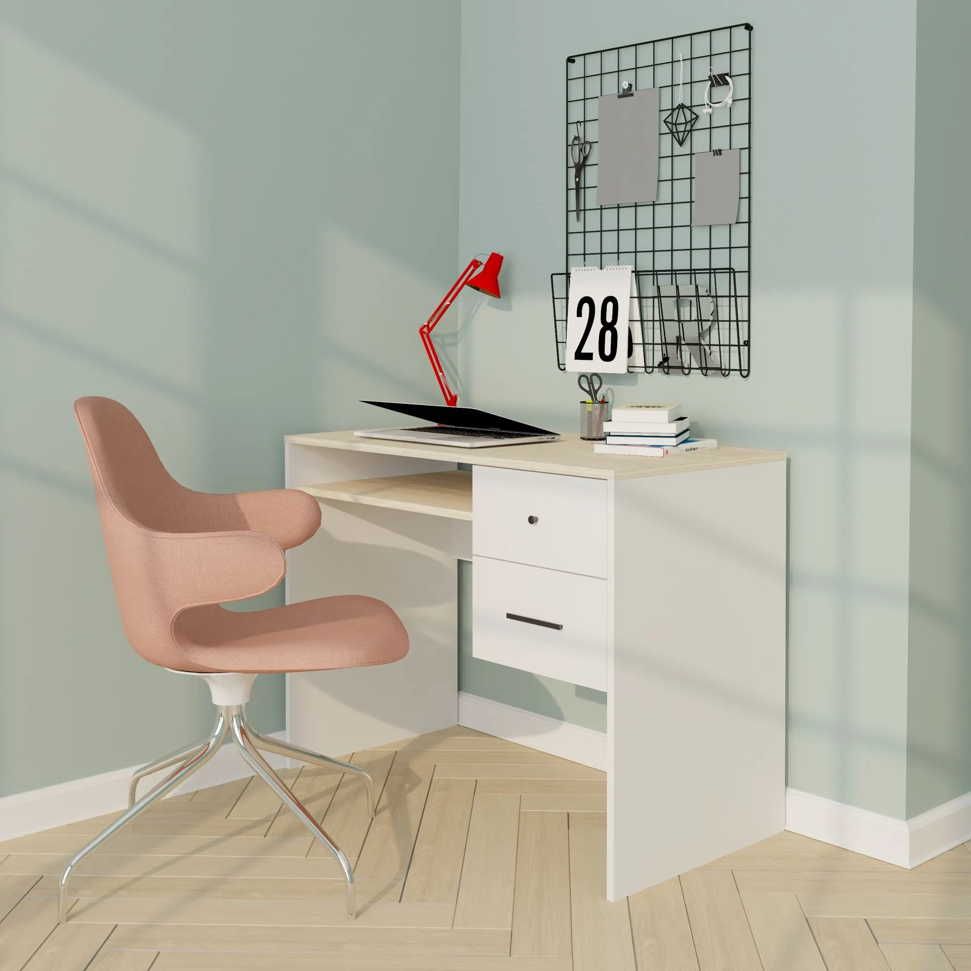 Biurko z 2 szufladami i półką GOODY 50x100 drewniane uchwyty biały akacja - INT_5002808