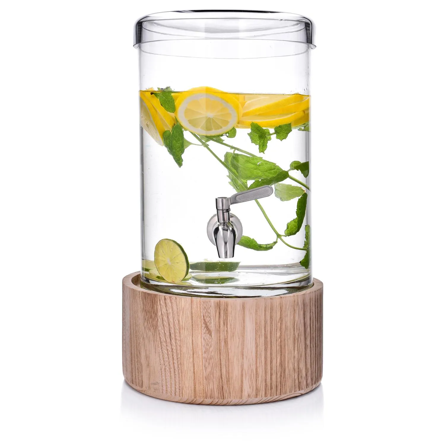 image lemonade jar, glass dispenser, wood base, lemon slices, mint sprigs