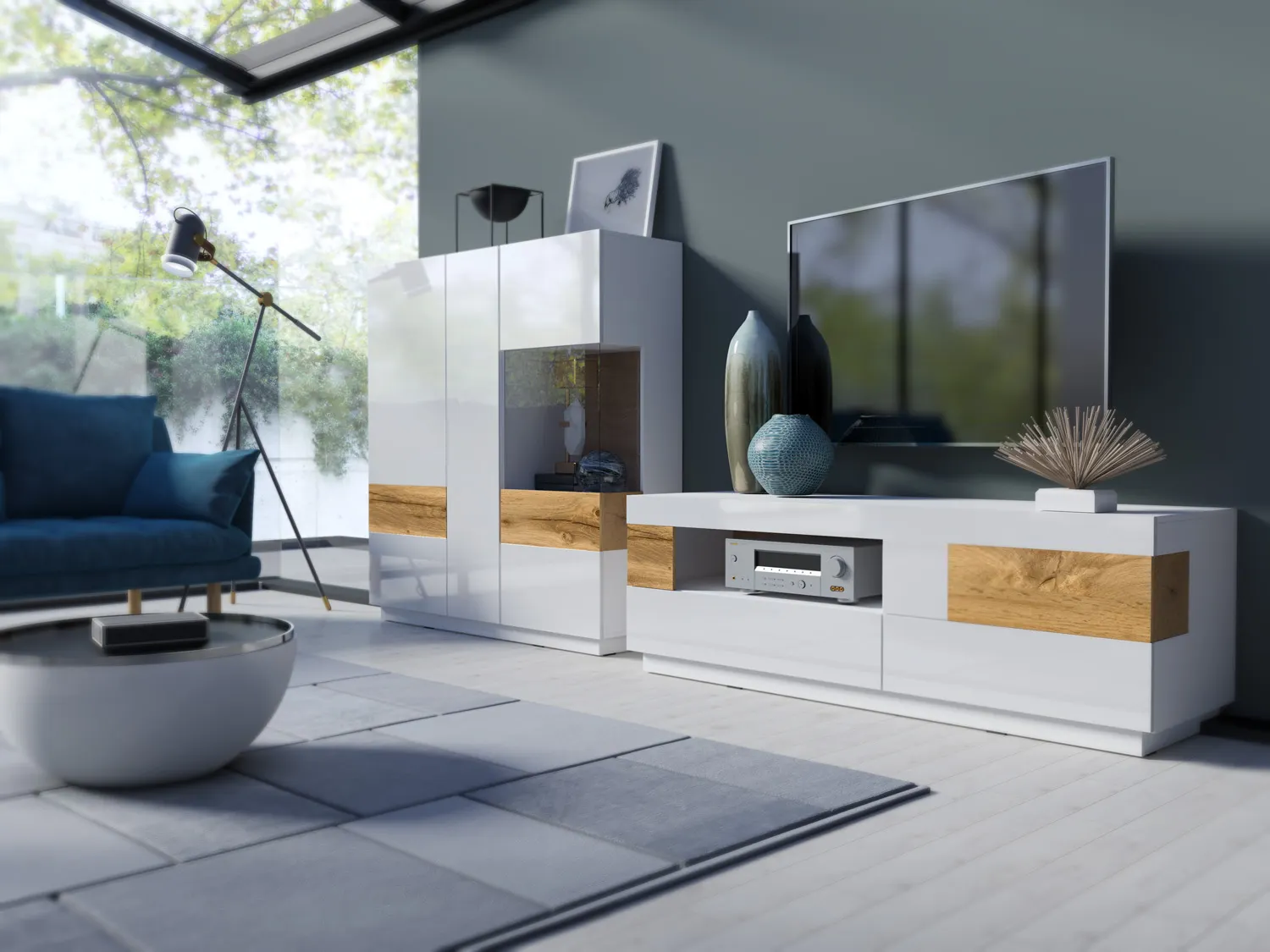 Szafka RTV SILKE 41 biała dąb wotan 160x54x50cm - 247JGY41