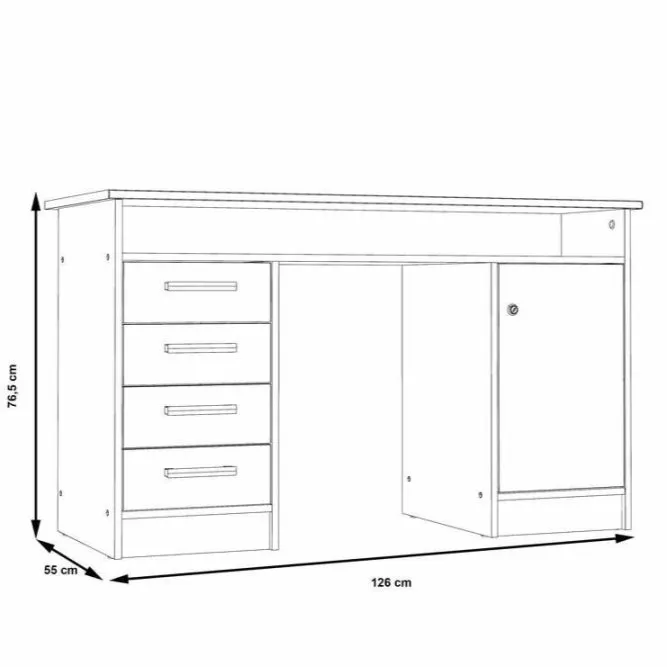 Biurko NET106 z szafką, 4 szufladami i półką - efekt drewna, biały - MT931-T19