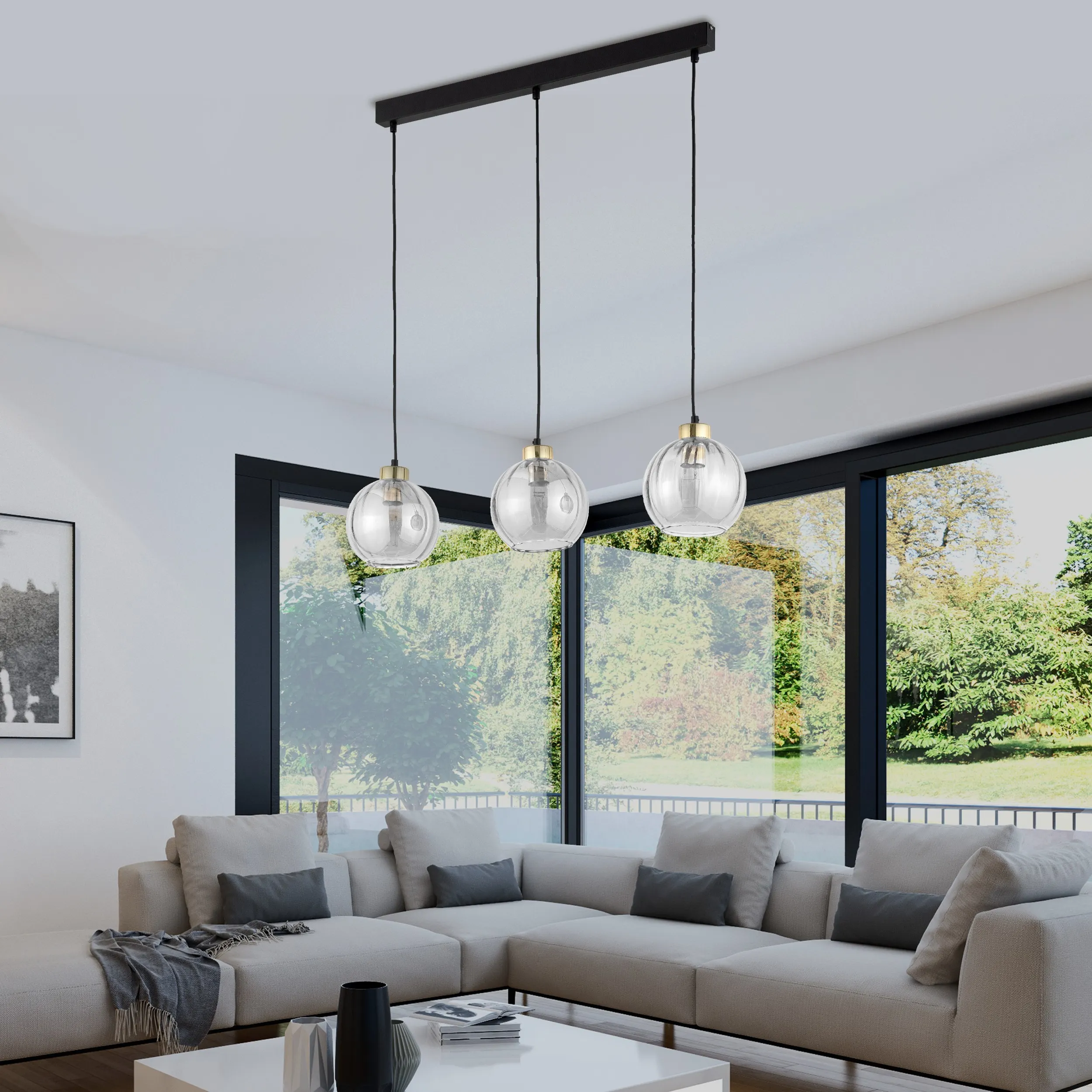 Lampa wisząca DEVI czarna ze złotymi elementami z transparentnymi szklanymi okrągłymi kloszami 120x81x18cm - TK_4580