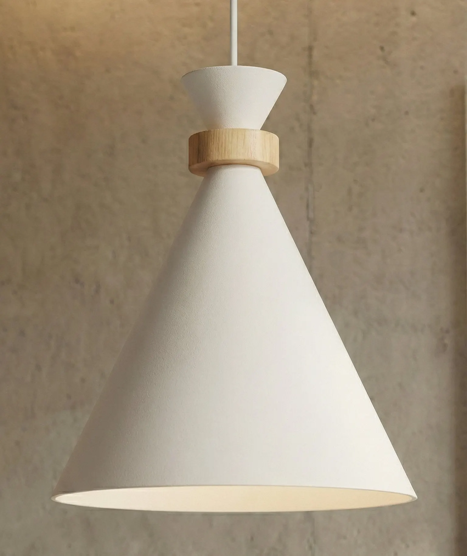 image lampa wisząca, lampa stożkowa, drewniane zdobienie, biel, minimalizm