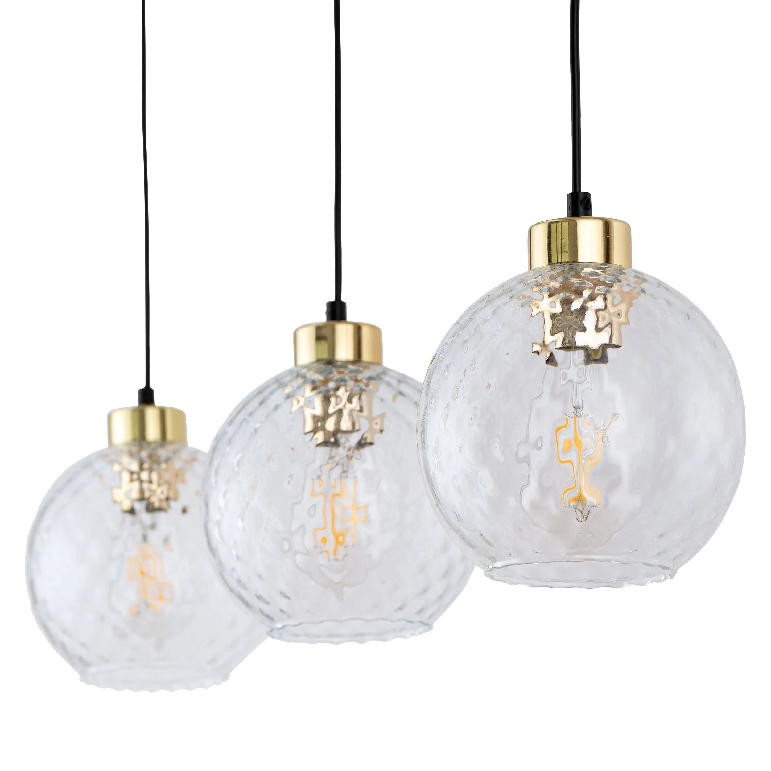 Lampa wisząca DEVON czarna ze złotymi elementami i trzema kryształowymi szklanymi okrągłymi kloszami na listwie 100x82x18cm - TK_4587