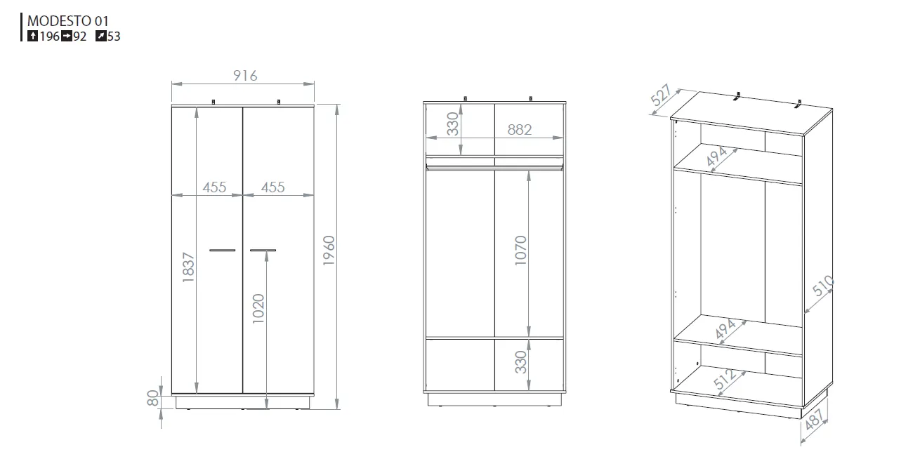 modesto_01_wymiary Szafa 2-drzwiowa MODESTO 01 dąb stylowy-czarny - 1MODES01-001