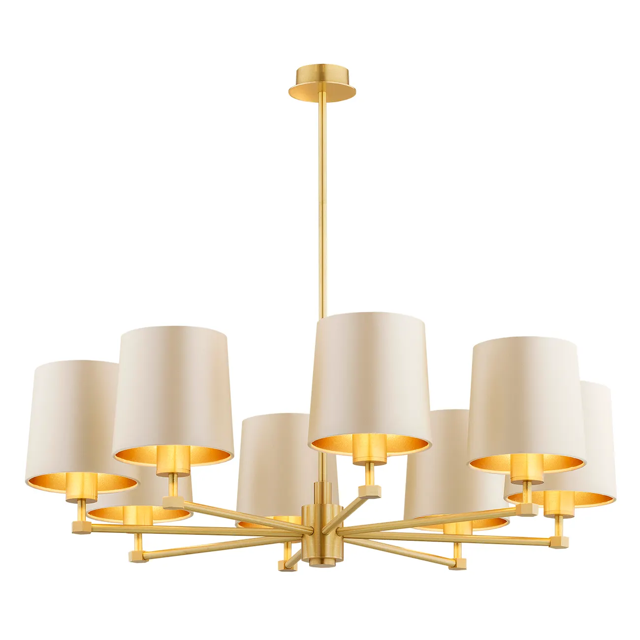lampa wisząca, kinkiet, metaliczny złoty, białe abażury, ośmiopunktowa aranżacja