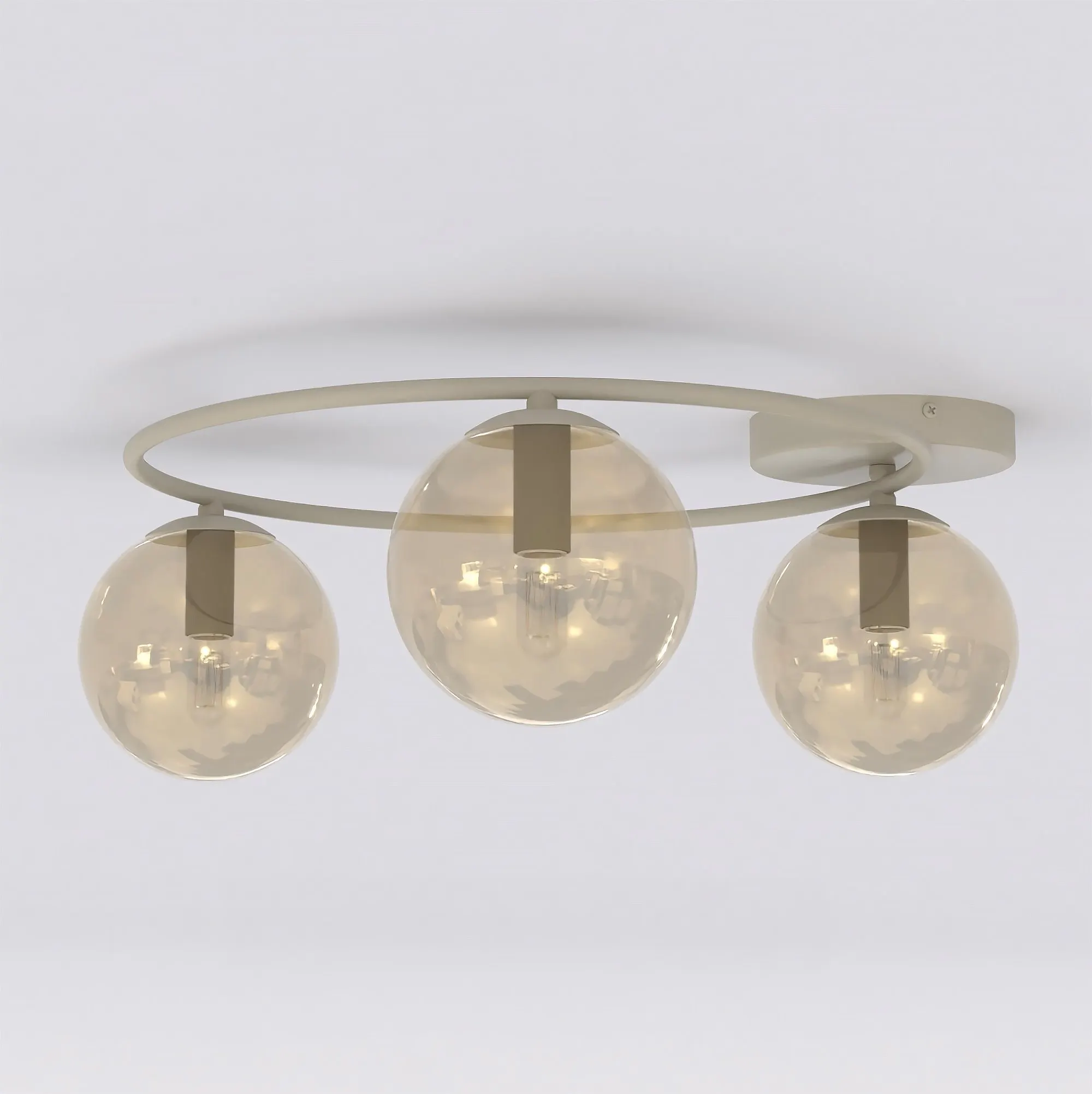lamp ceiling, glass globes, transparent glass, metal frame, three lights